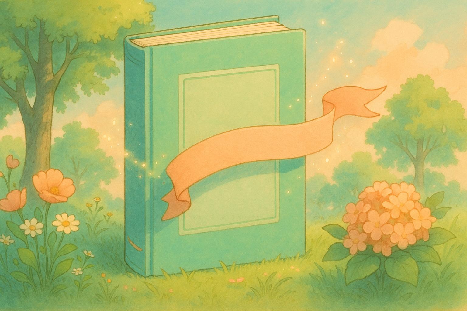 whimsical-illustration-green-book-scenery-sparkles-flowers.png