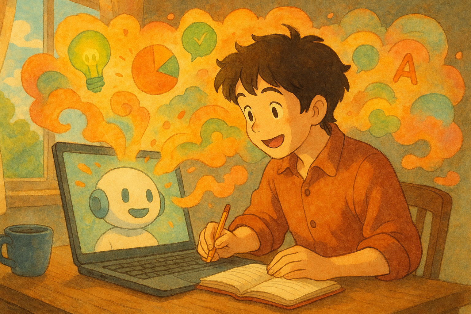 child learning with laptop and chatbot, creative ideas, digital education illustration