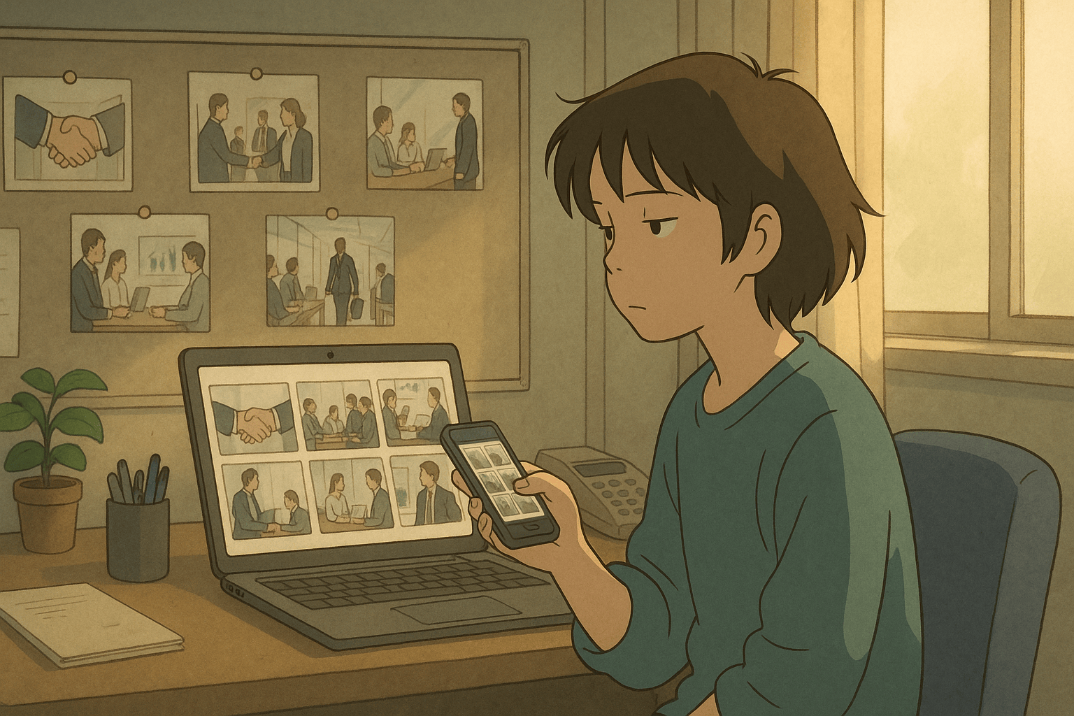 anime character sitting at desk looking at smartphone, surrounded by images of business meetings and teamwork