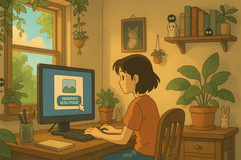 young woman generates blog images on a desktop computer in a cozy, plant-filled room