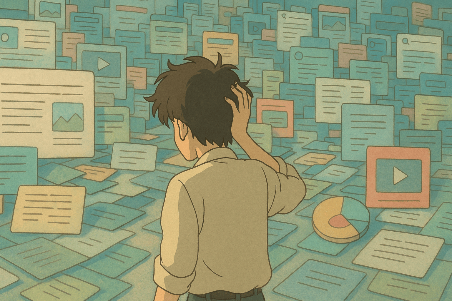 A young person standing with their back to the viewer, looking overwhelmed by a chaotic array of digital content, including documents, images, and charts, in a blue-tinted environment.