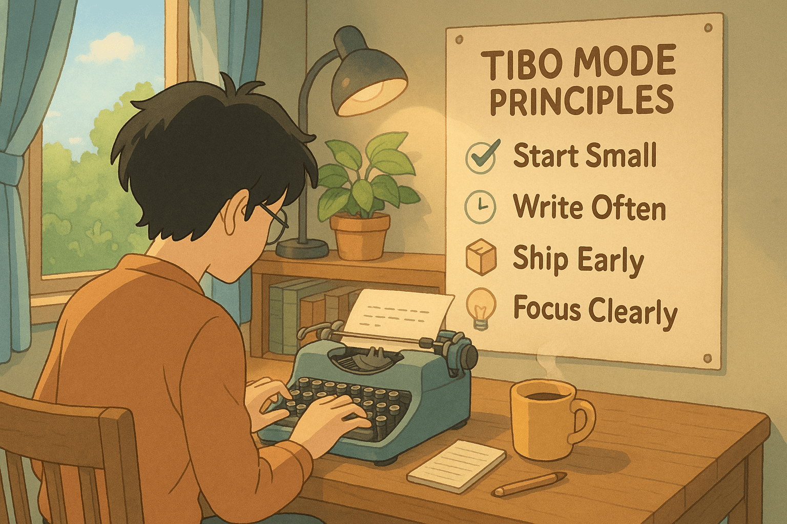 A young person with glasses sits at a wooden desk, typing on a vintage blue typewriter. A poster titled "TIBO MODE PRINCIPLES" hangs nearby, listing four productivity tips: "Start Small," "Write Often," "Ship Early," and "Focus Clearly." A steaming mug and potted plant are also on the desk.