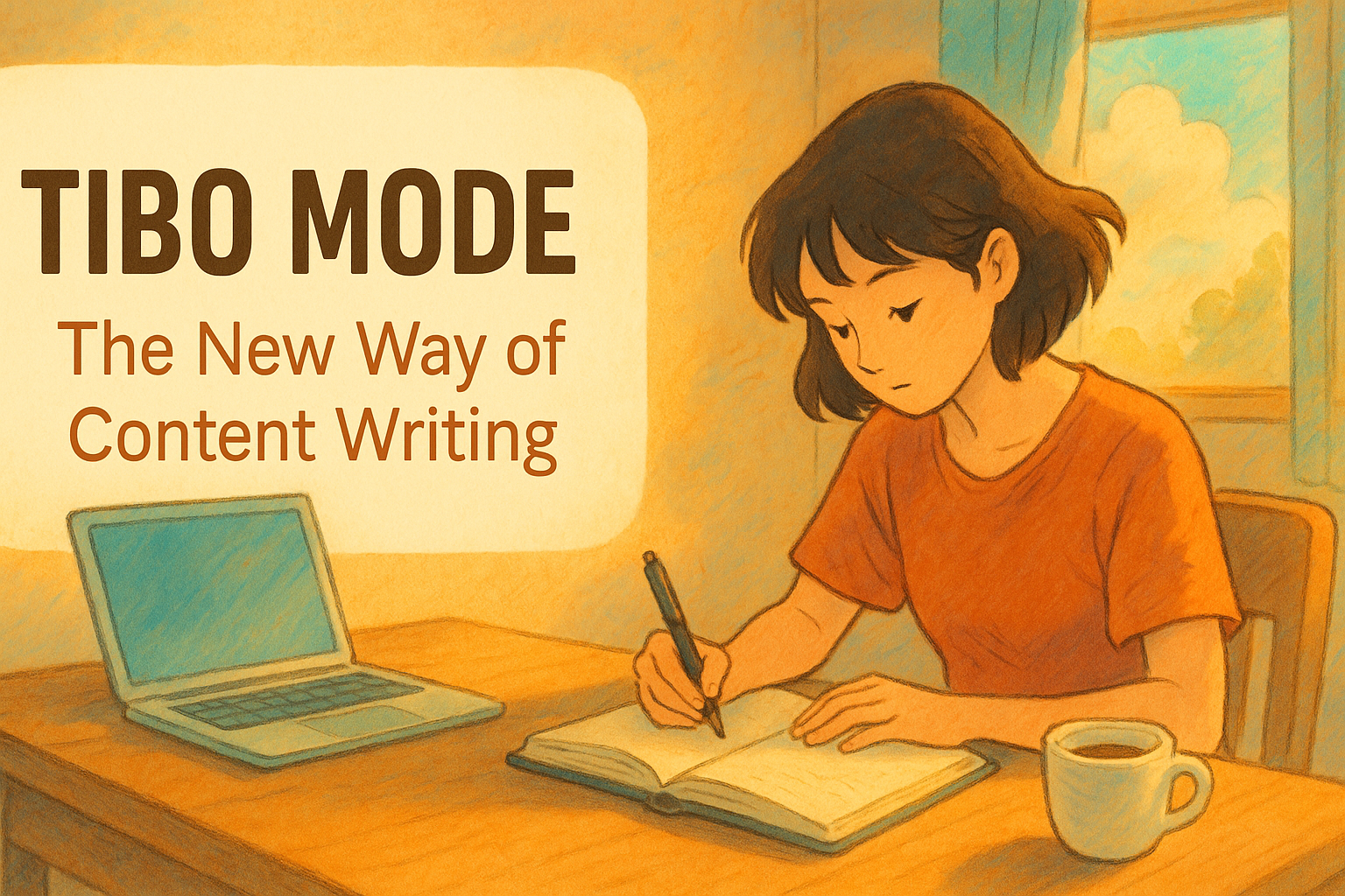 Young woman writing in a notebook at a wooden table with a laptop and coffee cup, promoting "Tibo Mode: The New Way of Content Writing" in a cozy, sunlit setting.