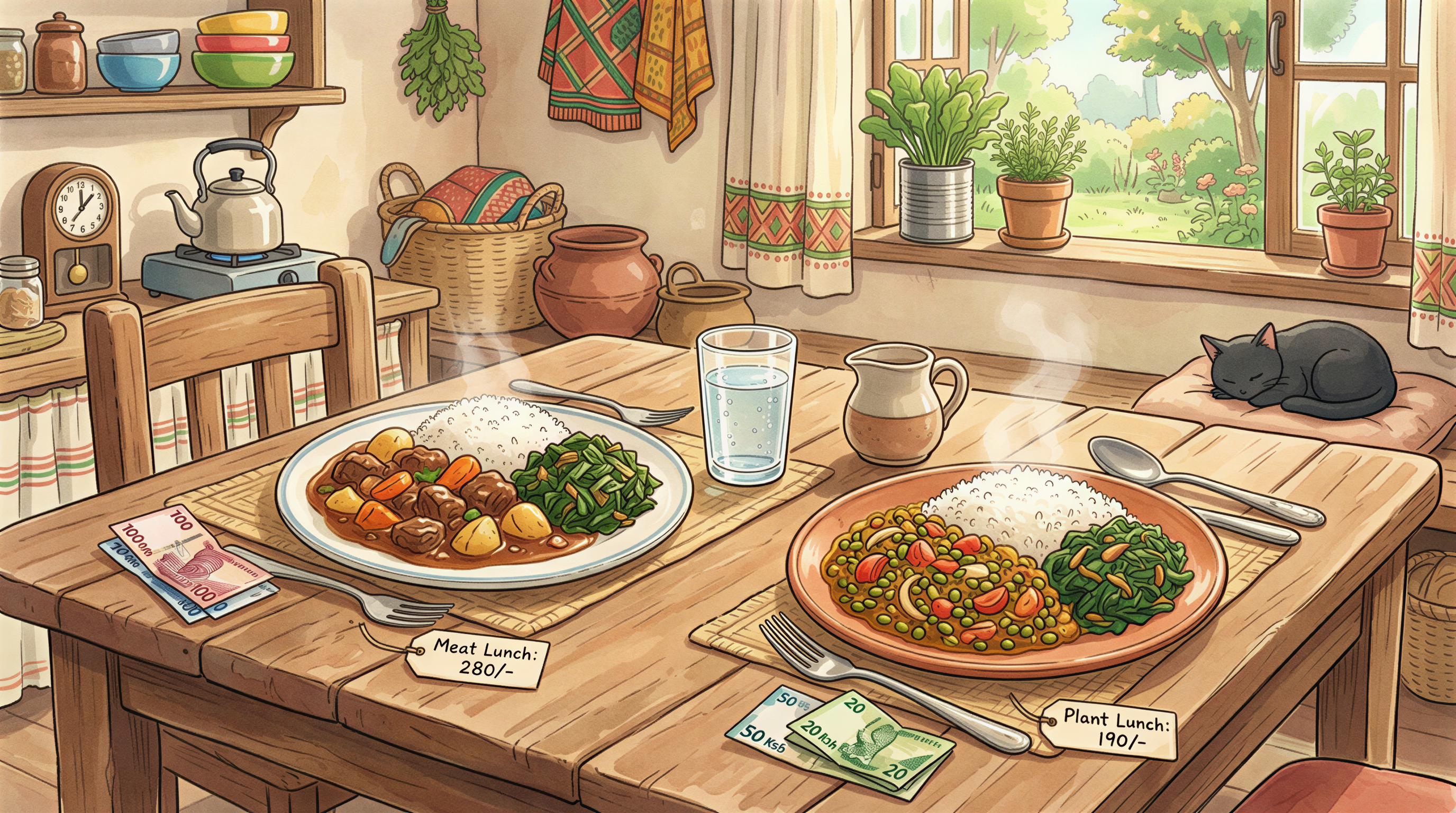 Kenyan meal cost reality: meat vs plant-based plates on a cozy table