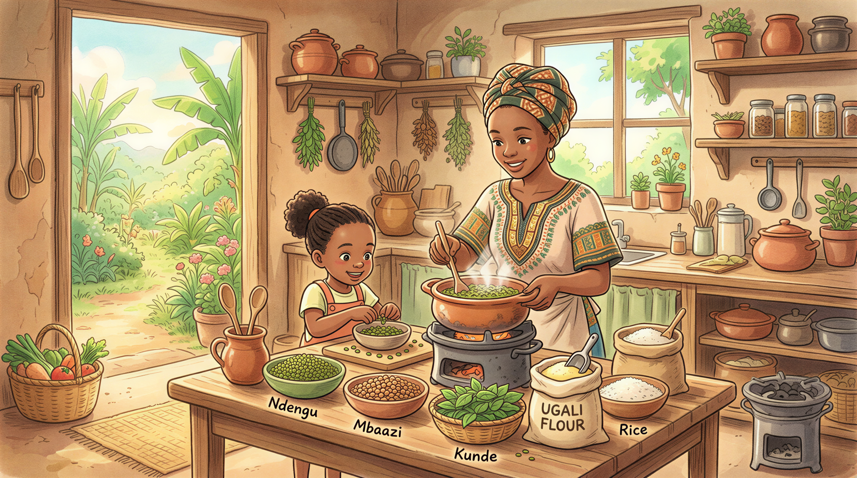Kenyan plant-based meaning with local ingredients like ndengu and ugali in a cozy kitchen