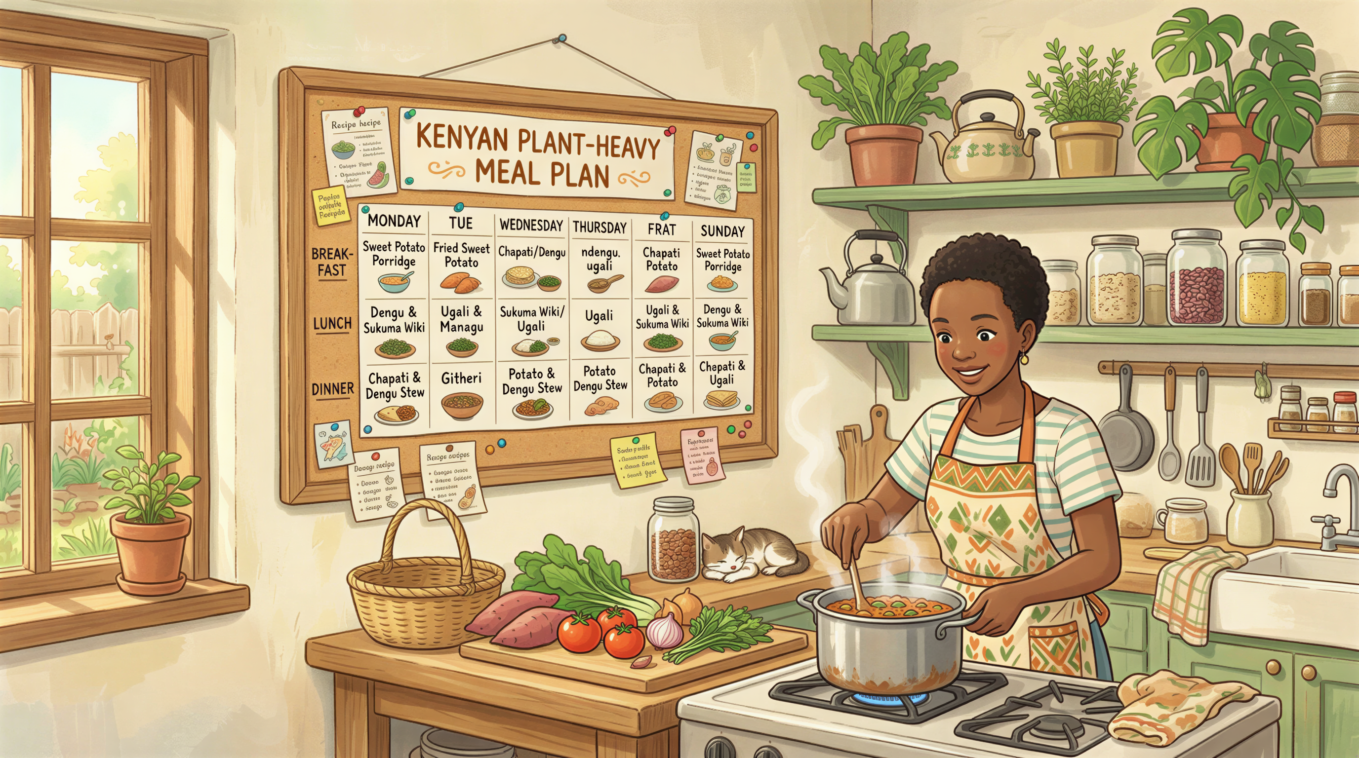 Kenyan plant-heavy week meal plan on a weekly board