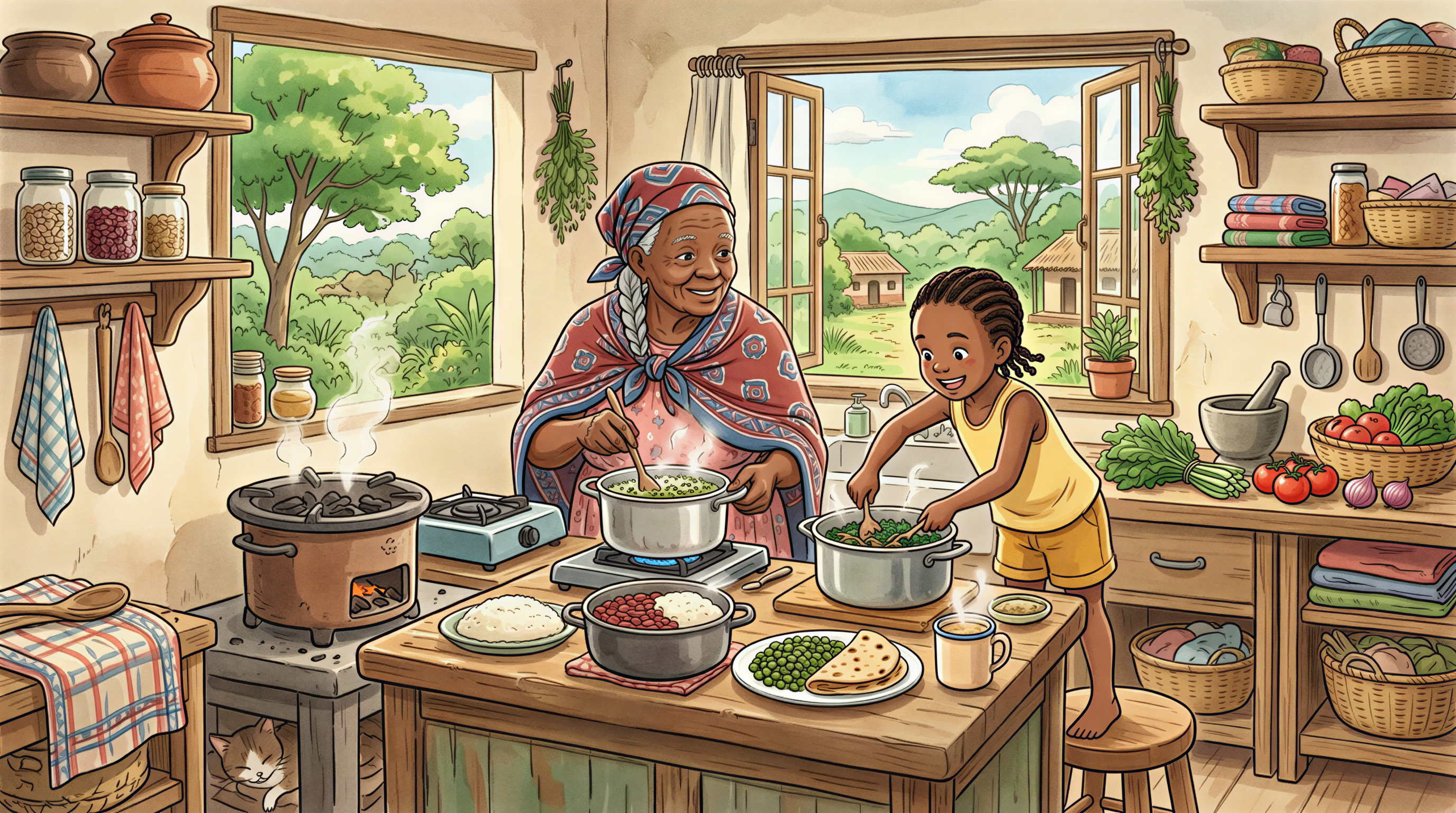 Grandmother and grandchild exploring Kenyan plant-based combinations