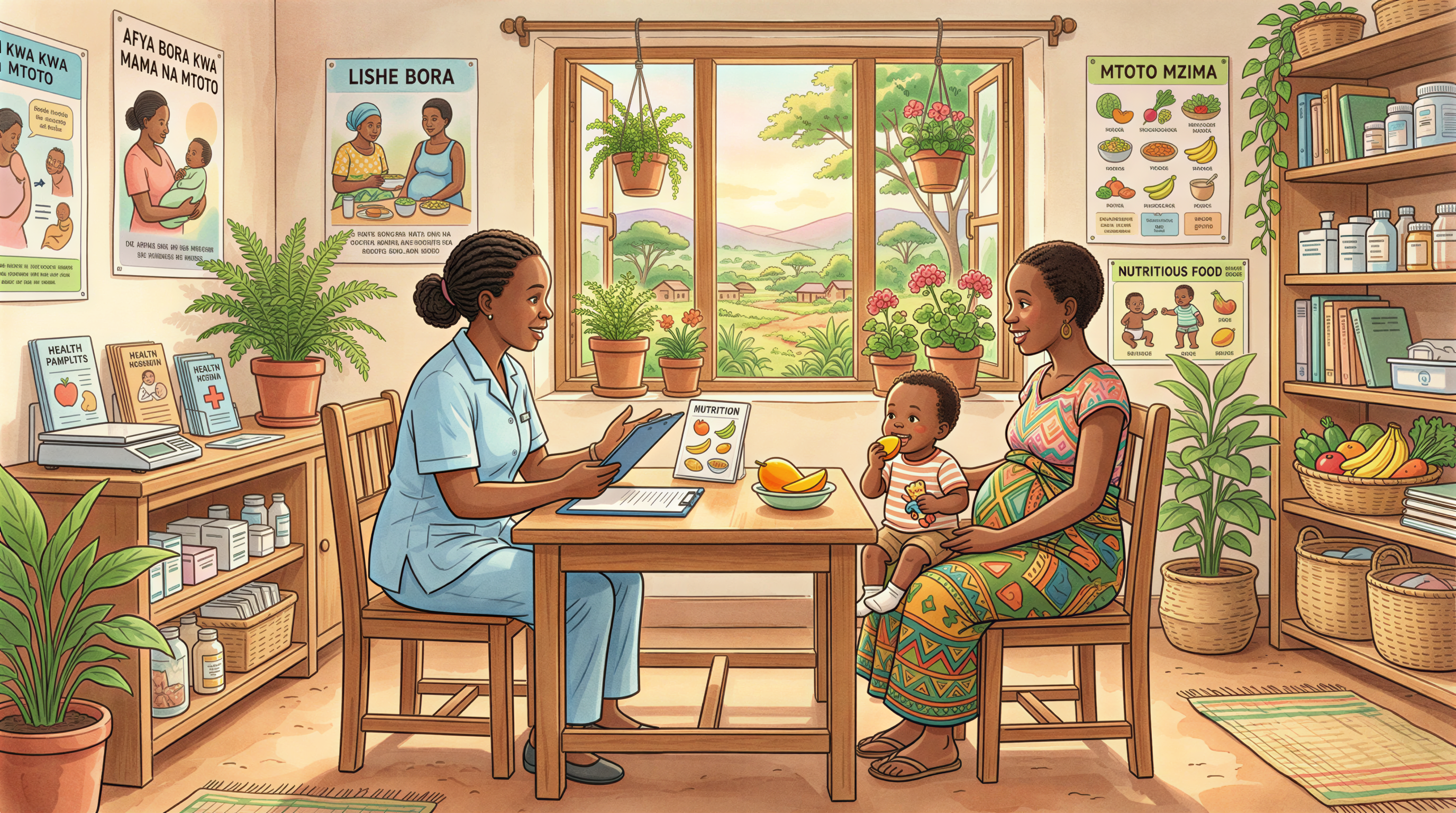 Intro scene showing Kenyan bedside care context with clinician and family