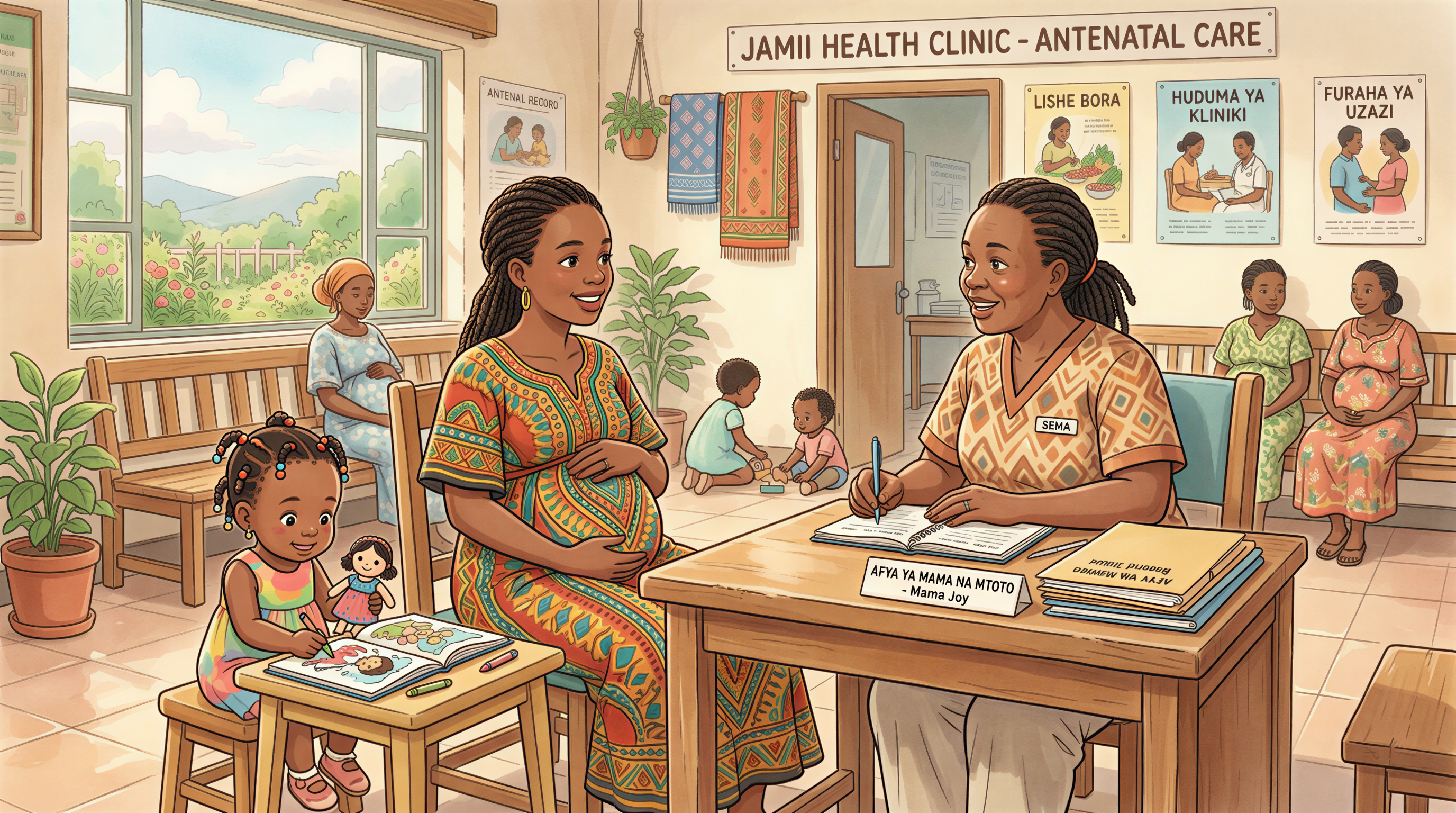 Clinician advising a pregnant woman at antenatal care in Kenya