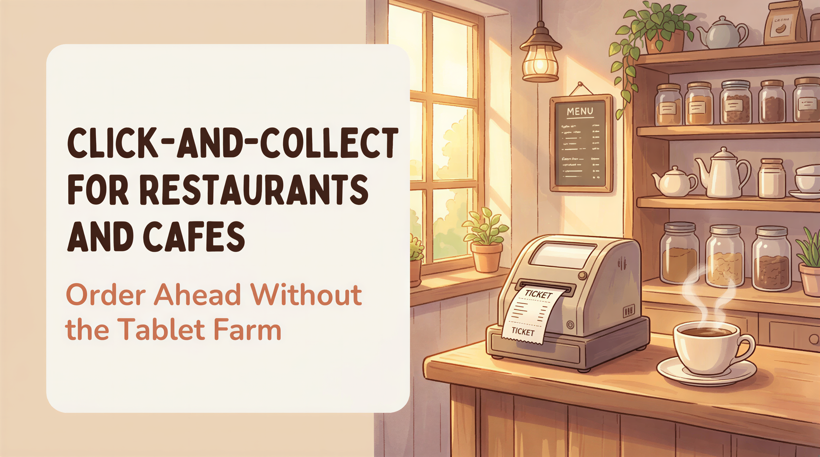 A cozy, sunlit cafe counter with a hot flat white, showcasing a digital-free, efficient order-ahead system.