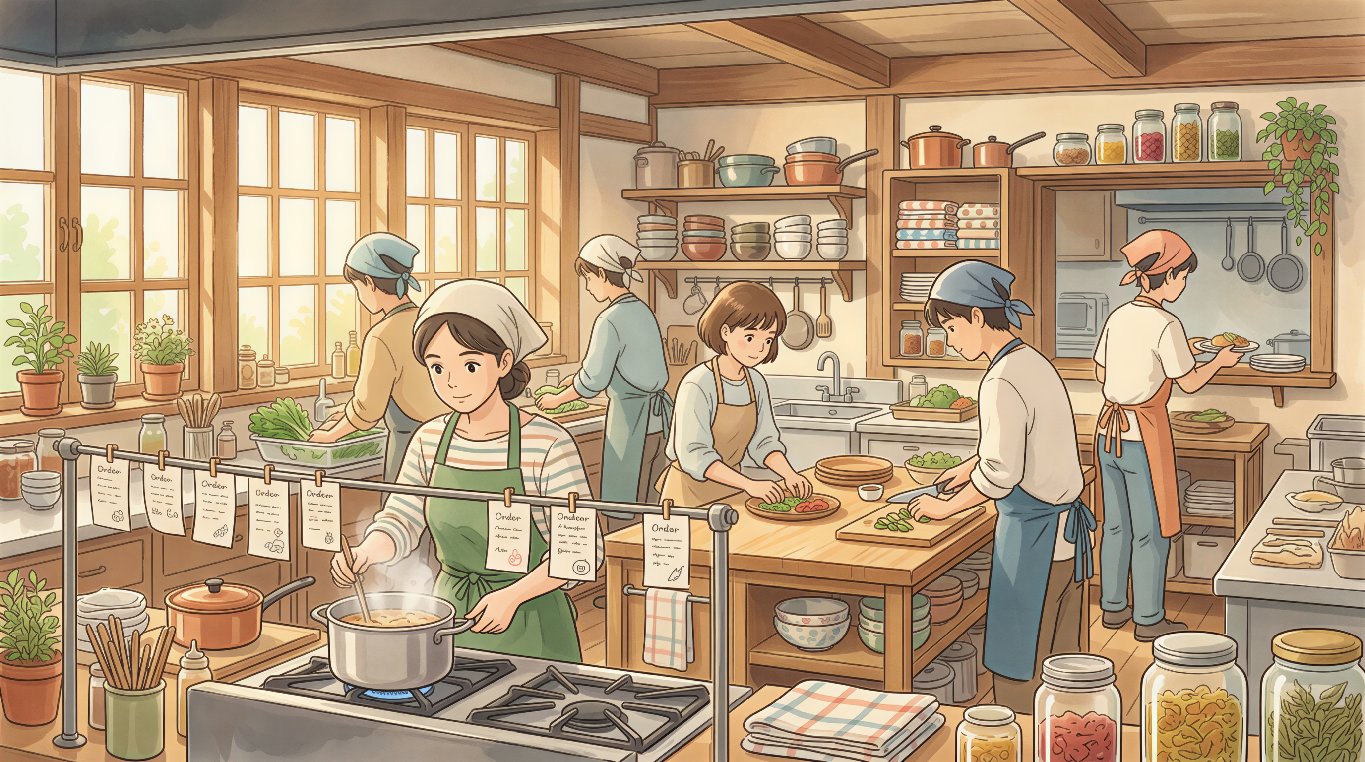 A calm, organized cafe kitchen during a busy lunch rush using a simple paper-based system.