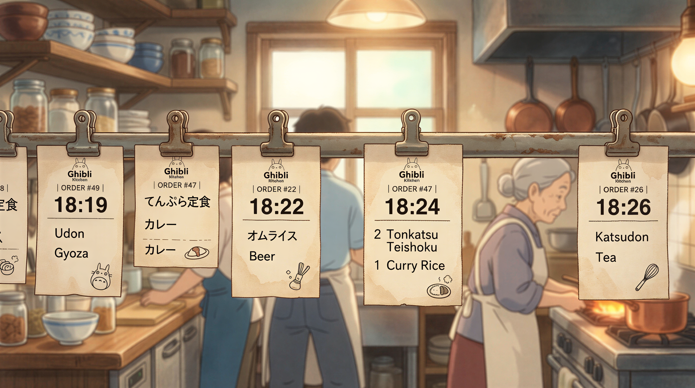 An organized ticket rail in a kitchen showing orders sorted by pickup time for maximum efficiency.