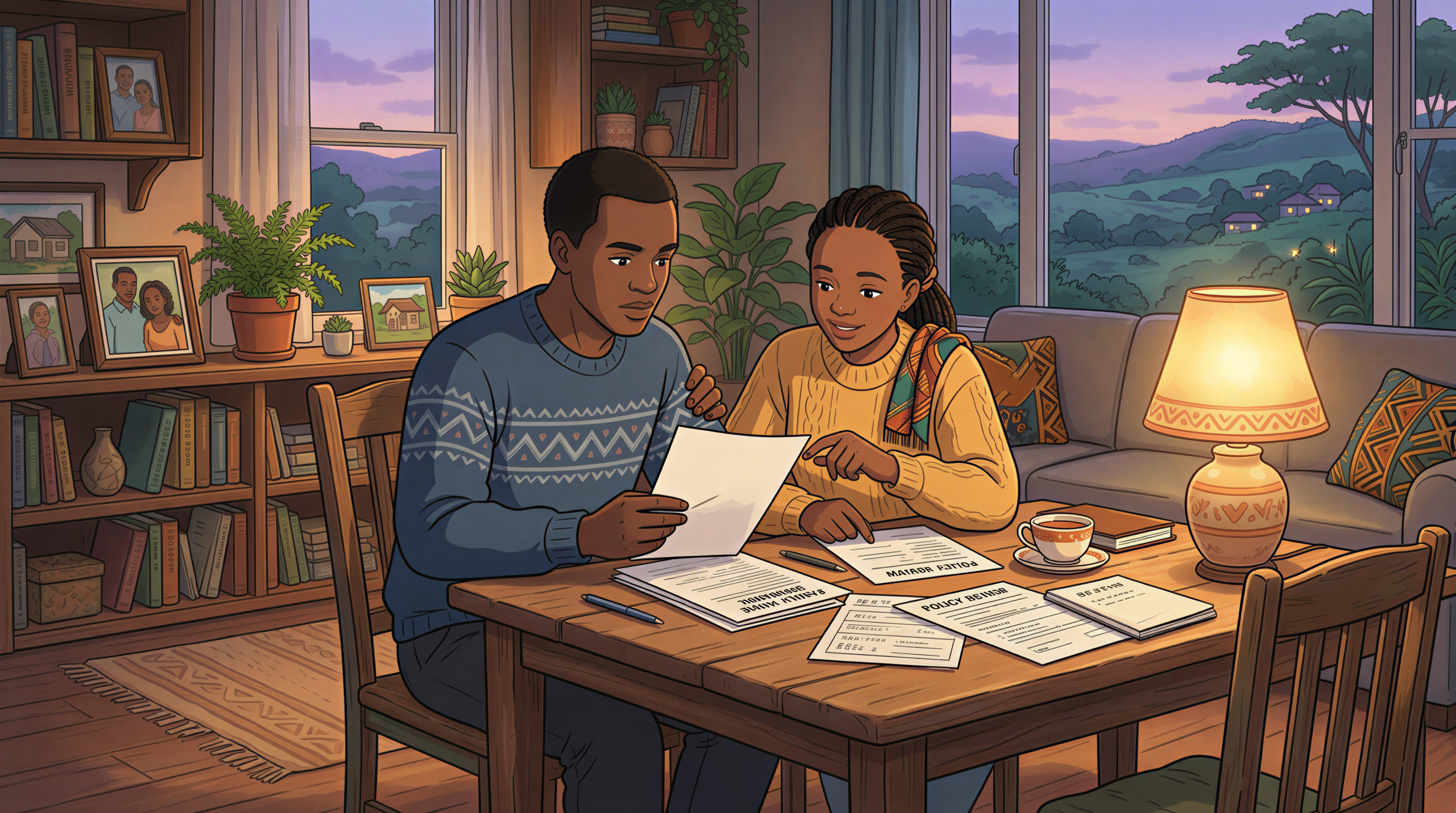 A Kenyan father reviewing financial documents with his wife for family security
