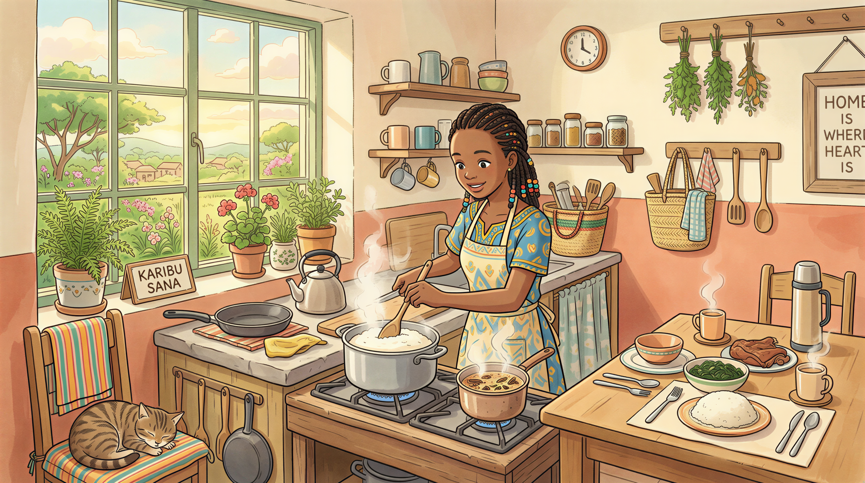 Kenyan kitchen scene showing ugali and tea during fasting window