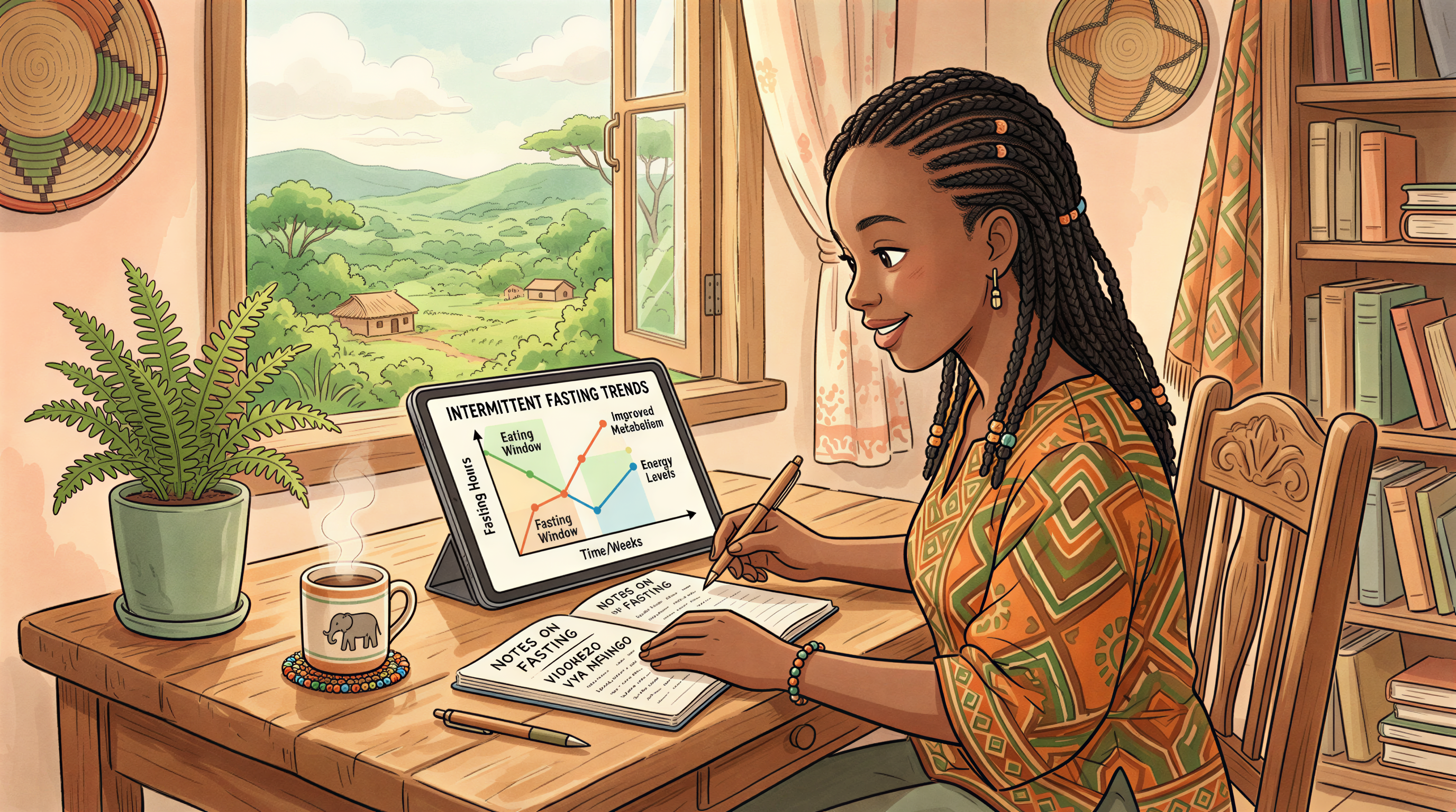 Kenyan reader examining IF science in a cozy study with charts
