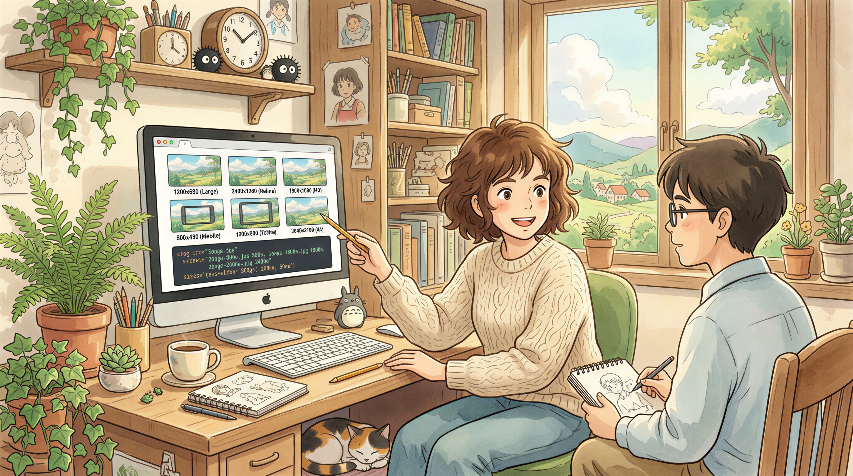 WordPress srcset story illustration with multiple image sizes displayed on screen