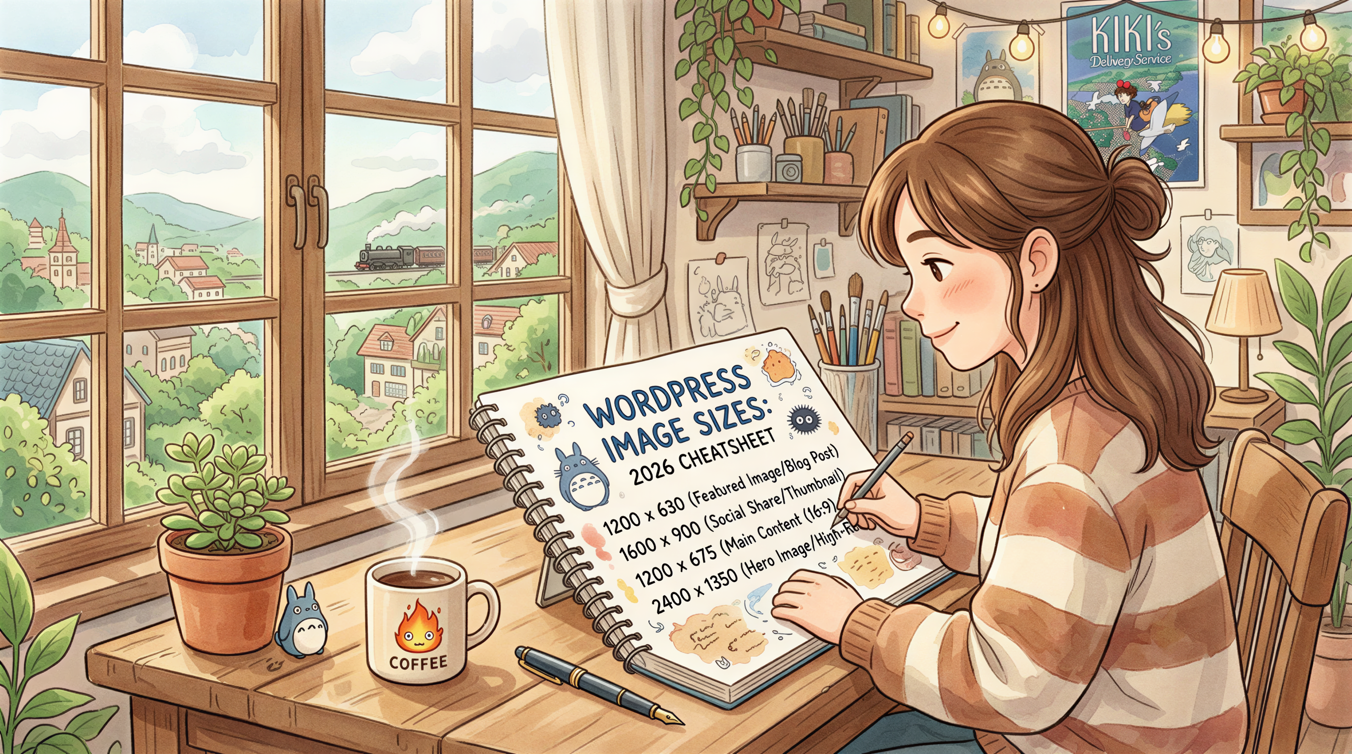 TL;DR cheatsheet showing WordPress image sizes and aspect ratios for 2026 on a designer's desk