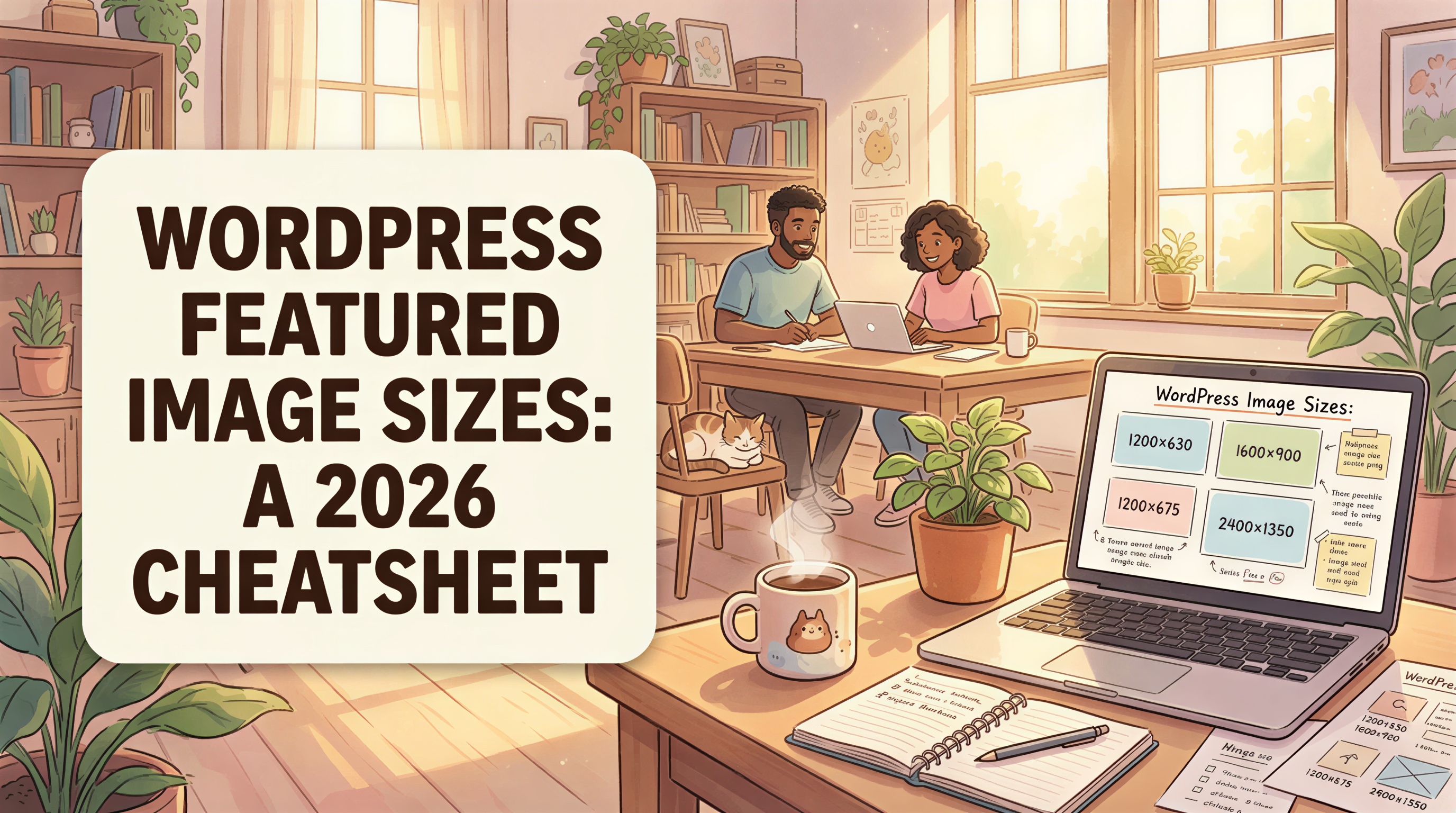 Cheatsheet-style banner for WordPress featured image sizes in 2026 with a cozy studio vibe
