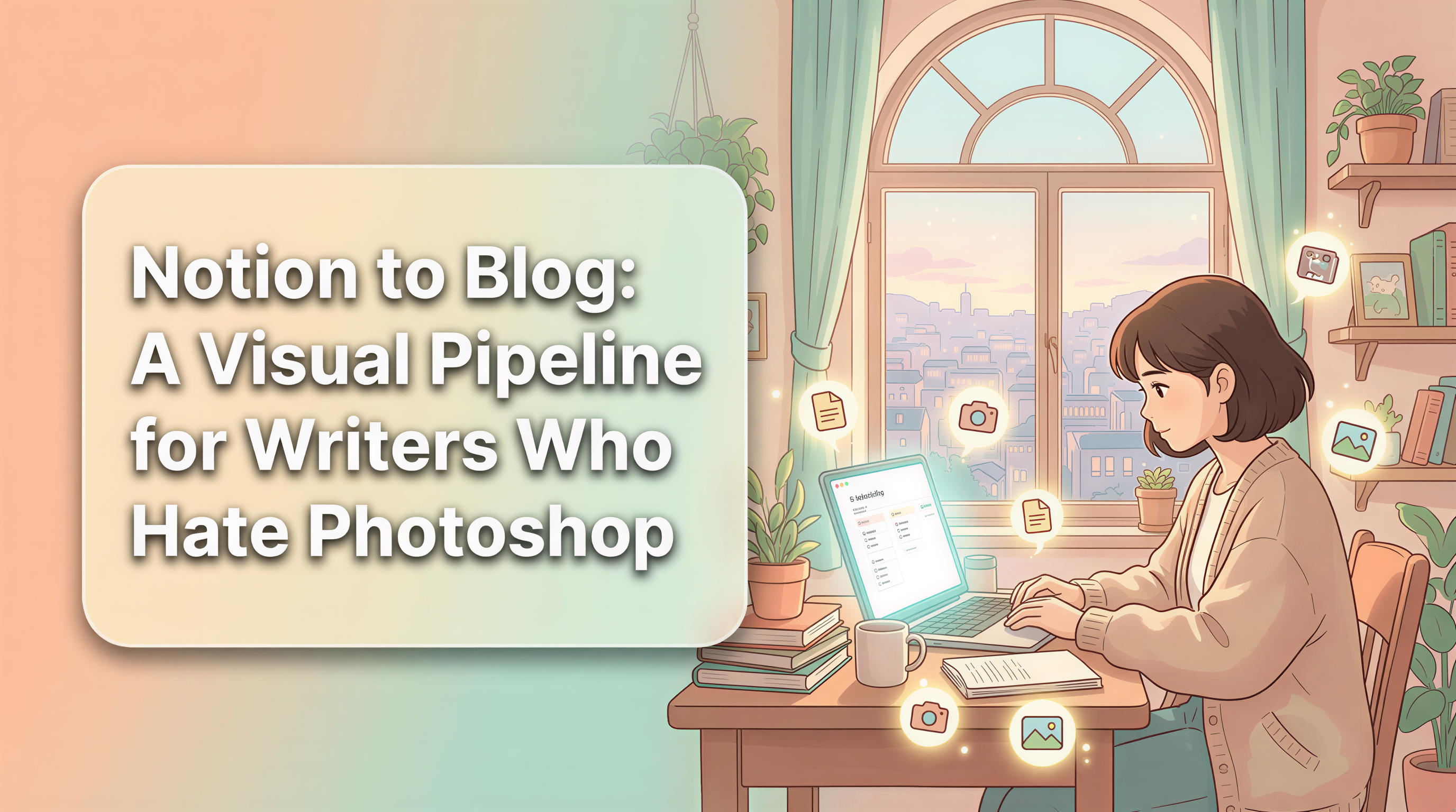 Notion to Blog: A Visual Pipeline for Writers Who Hate Photoshop banner in Studio Ghibli style