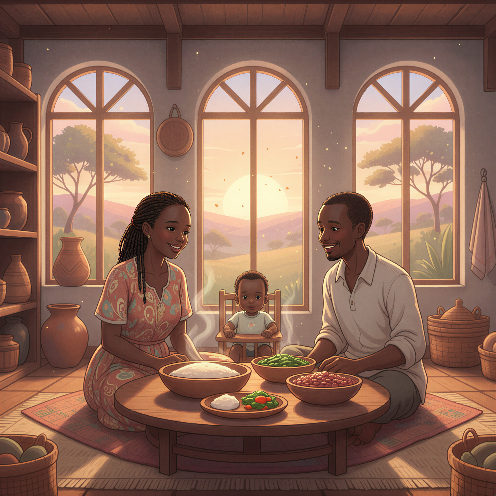 A family gathered around a simple dining table in Kenya, sharing a meal of ugali, sukuma wiki, and beans, while the toddler eats appropriately sized portions.