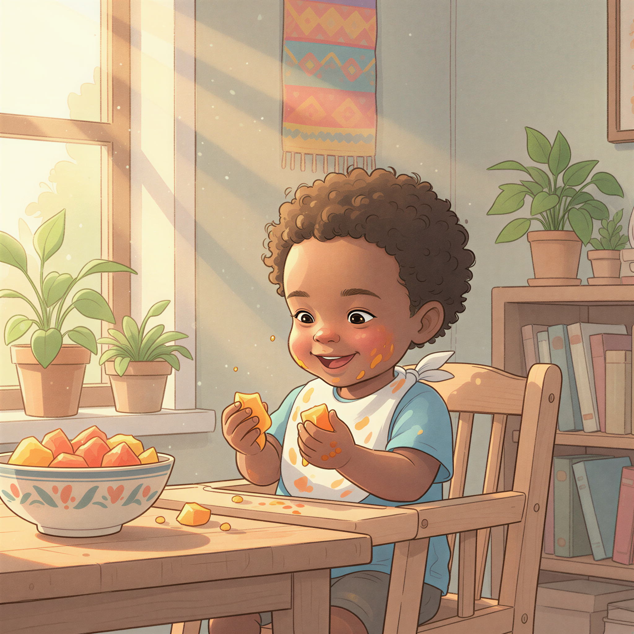 A happy toddler sitting in a highchair, proudly holding a soft stick of cooked mango or papaya, messy but engaged in self-feeding.