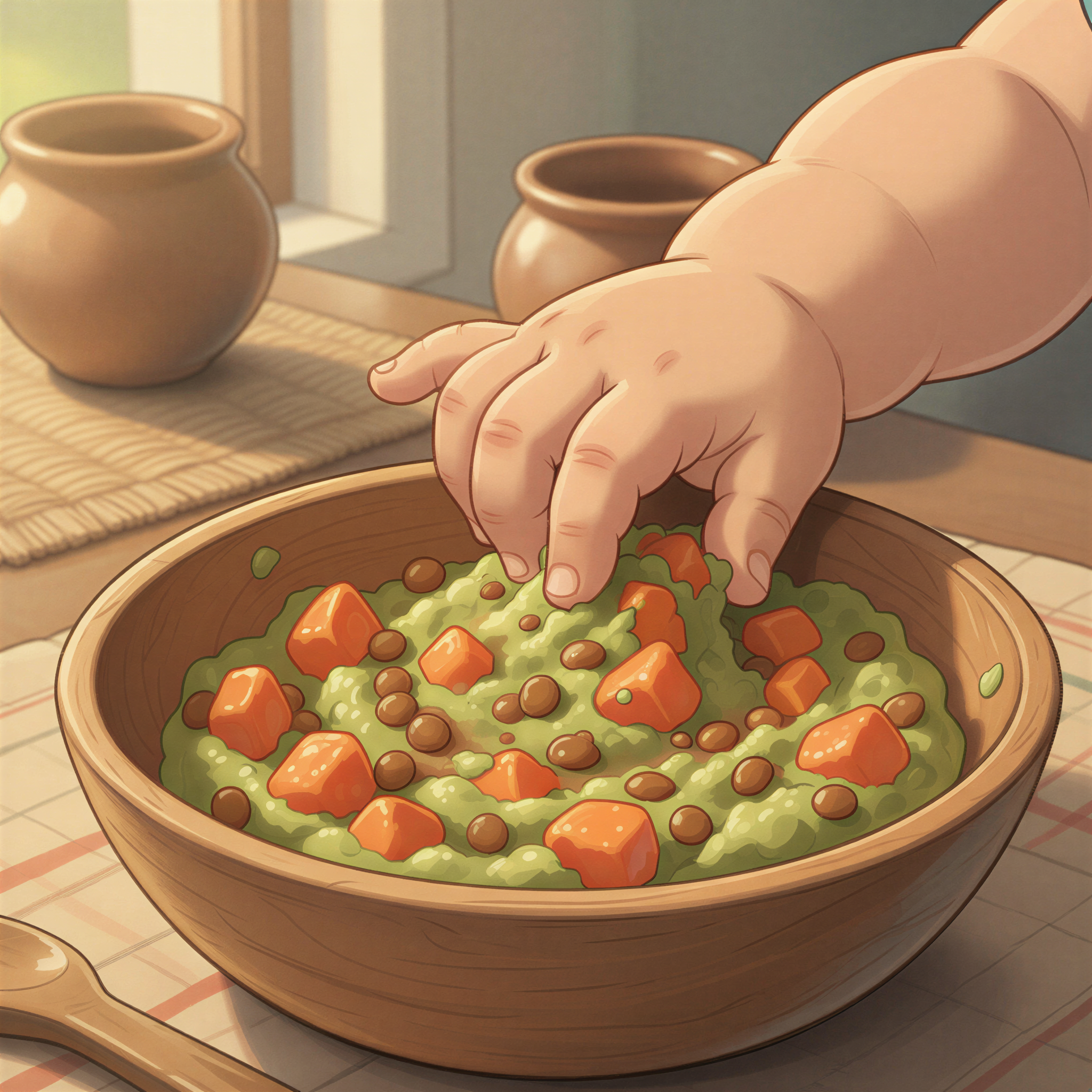 A focus on a baby's hand tentatively touching a soft, slightly lumpy piece of cooked carrot alongside mashed lentils, illustrating texture progression.