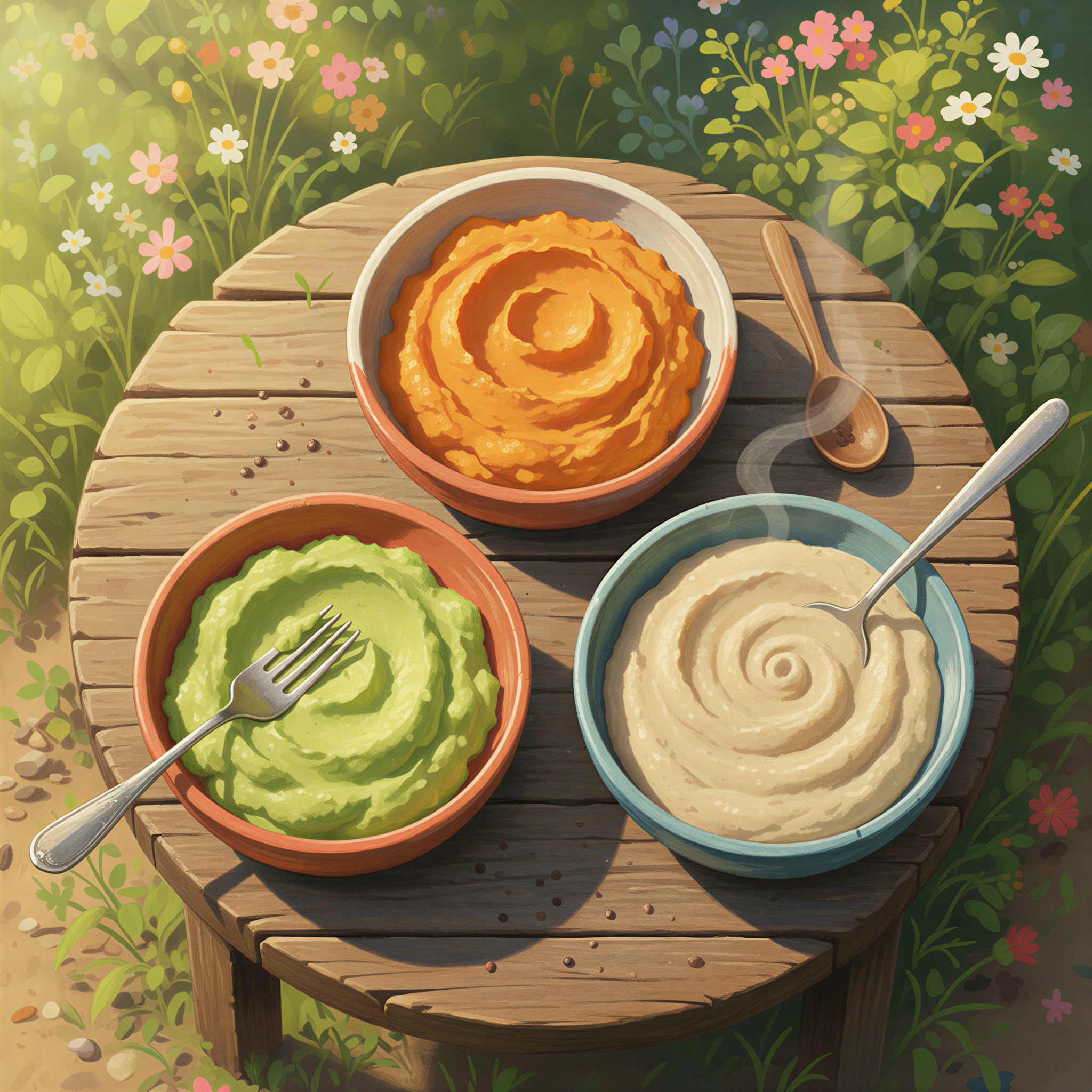 A vibrant, colorful array of simple Kenyan first foods: mashed sweet potato, ripe avocado, and thick uji porridge in small handmade clay bowls.