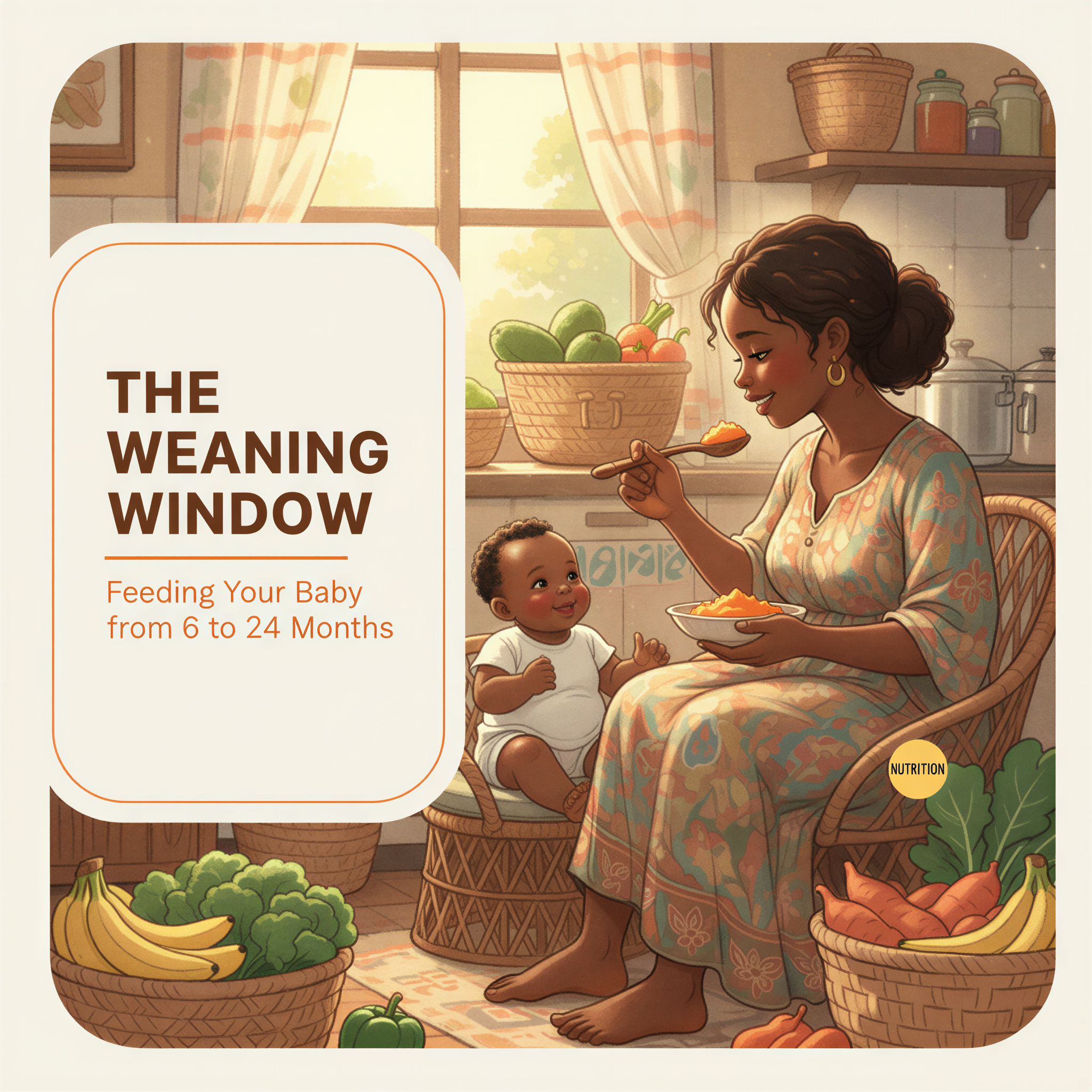 Studio Ghibli style banner showing a mother gently feeding her happy baby mashed sweet potato, with soft morning light and Kenyan vegetables in the background.