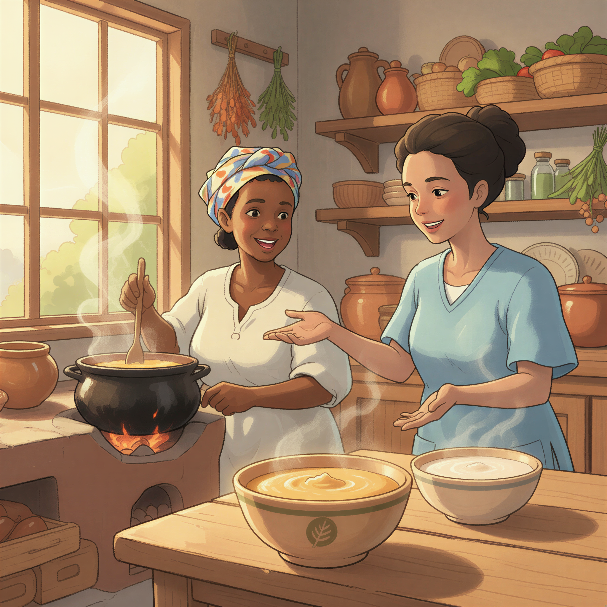 Studio Ghibli depiction of a mother looking thoughtfully at a bowl of thick porridge, contrasting with a watery substance, as a CHV gently advises her.