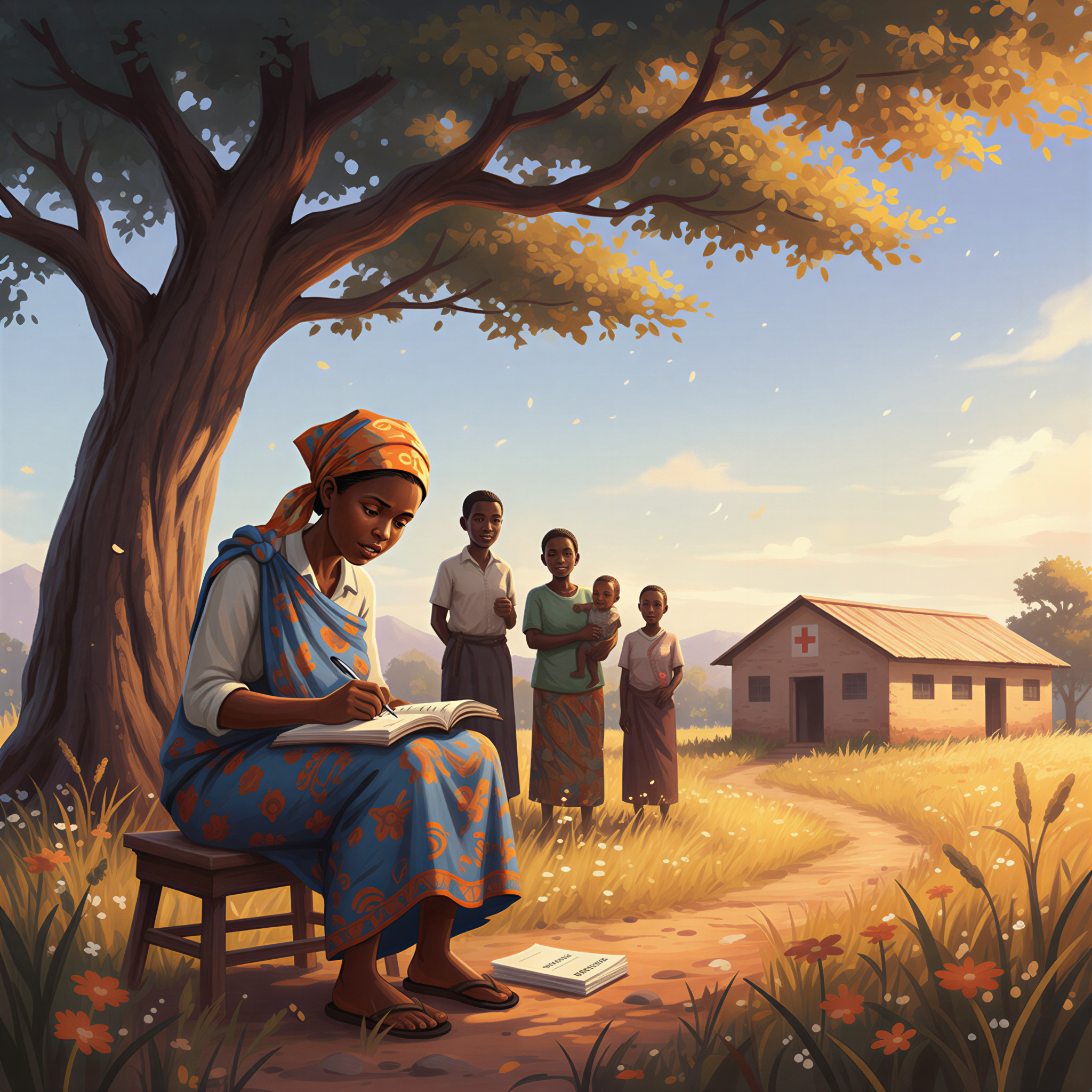 Studio Ghibli conveying gentle urgency. A Kenyan CHV is seated on a low stool outside, earnestly writing a referral note in her register under a warm afternoon sun. In the far background, a simple, recognizable Kenyan health clinic structure is visible under soft light. The composition emphasizes the CHV as the crucial link to higher care. Palette uses deep oranges and serene blues.
