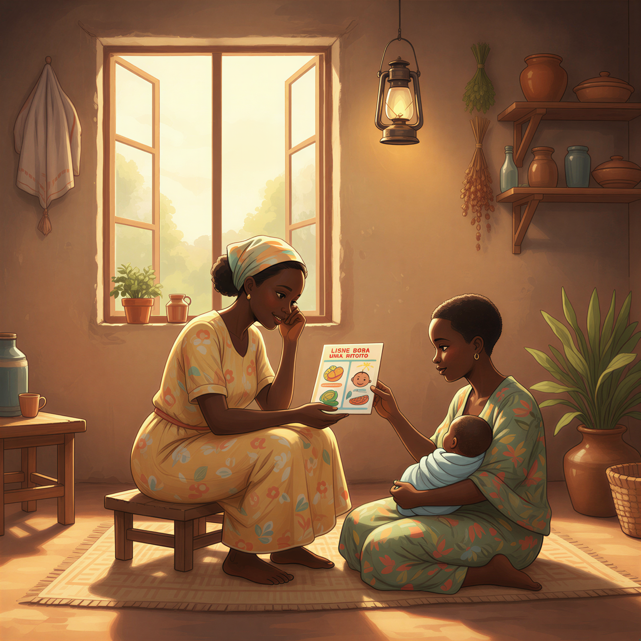 Studio Ghibli scene of a Kenyan CHV sharing a counseling card with a mother inside a brightly lit, humble home, fostering trust and connection.
