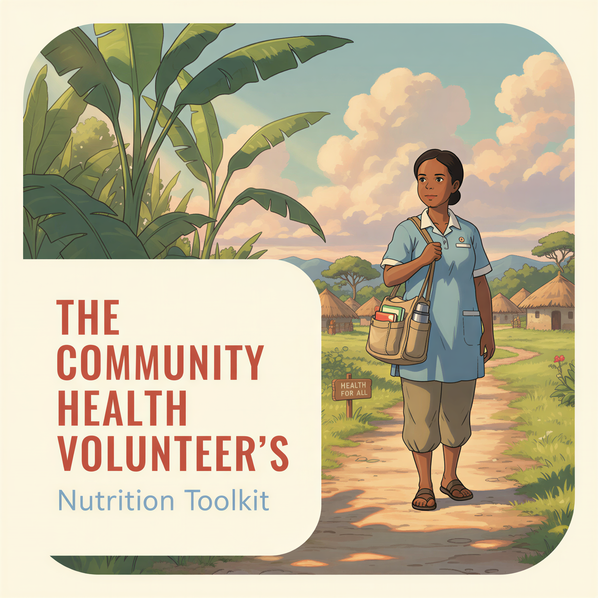 Studio Ghibli style banner showing a Kenyan Community Health Volunteer standing proudly with her well-stocked bag, ready to serve her community.