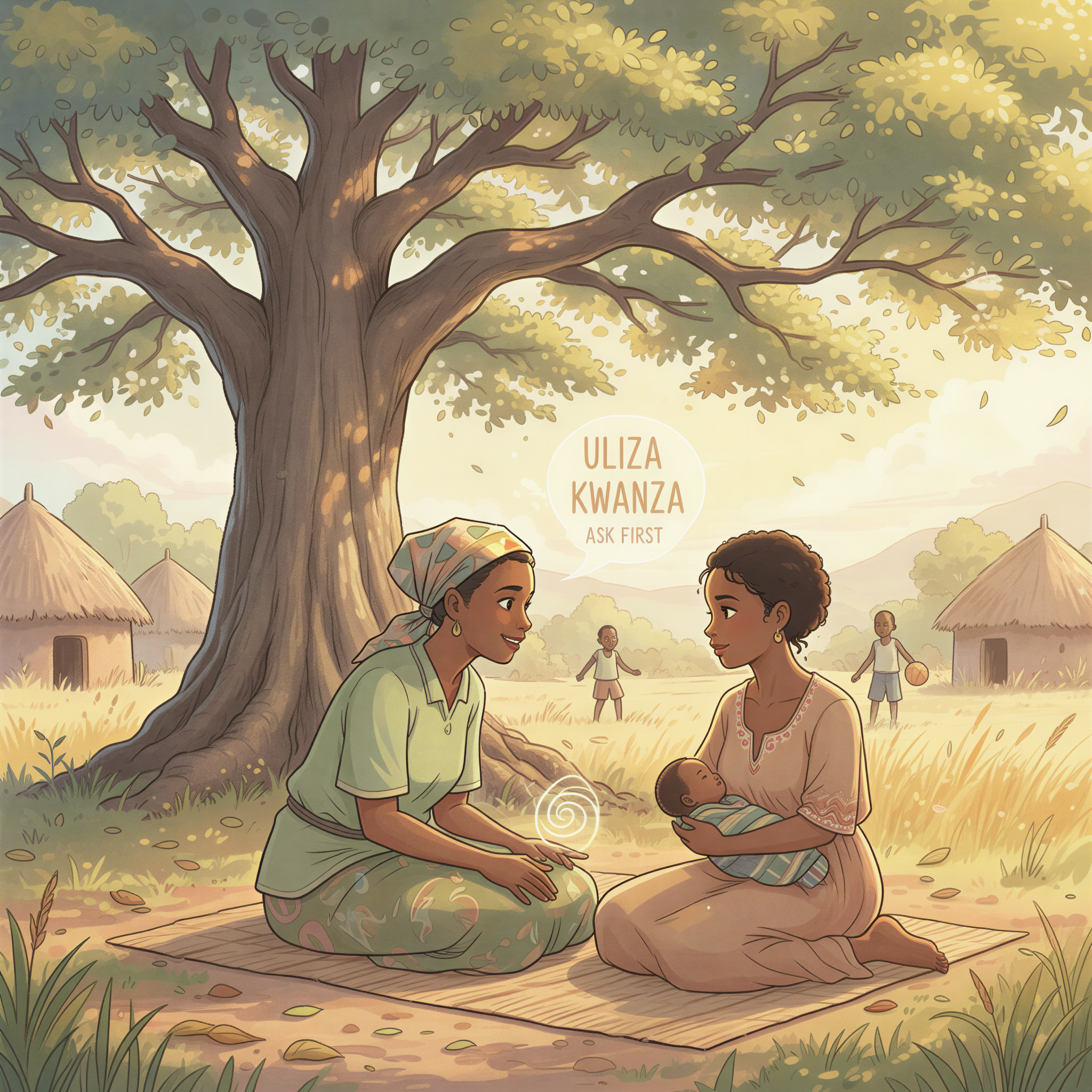 Studio Ghibli representation of the GATHER approach: a CHV interacting openly with a group of mothers, focusing on active listening and gentle guidance.