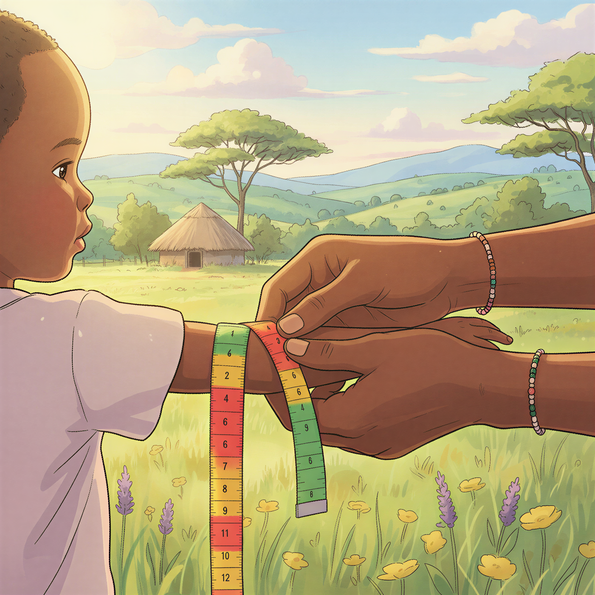 Studio Ghibli illustration showing a CHV accurately measuring a child's arm using a colored MUAC tape during a home visit.