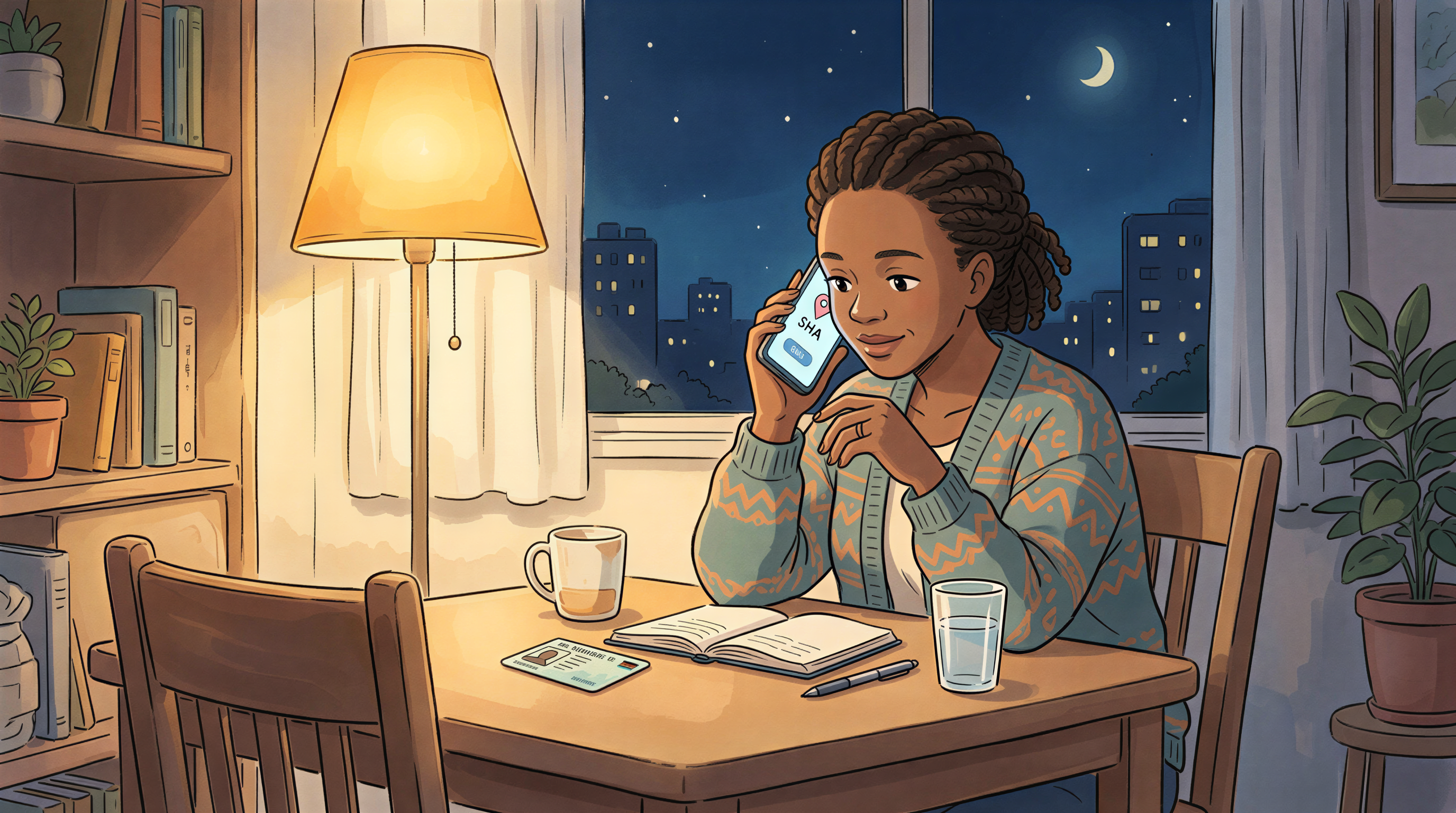 Kenyan parent confirming SHA hospital acceptance by phone before a late-night Nairobi visit