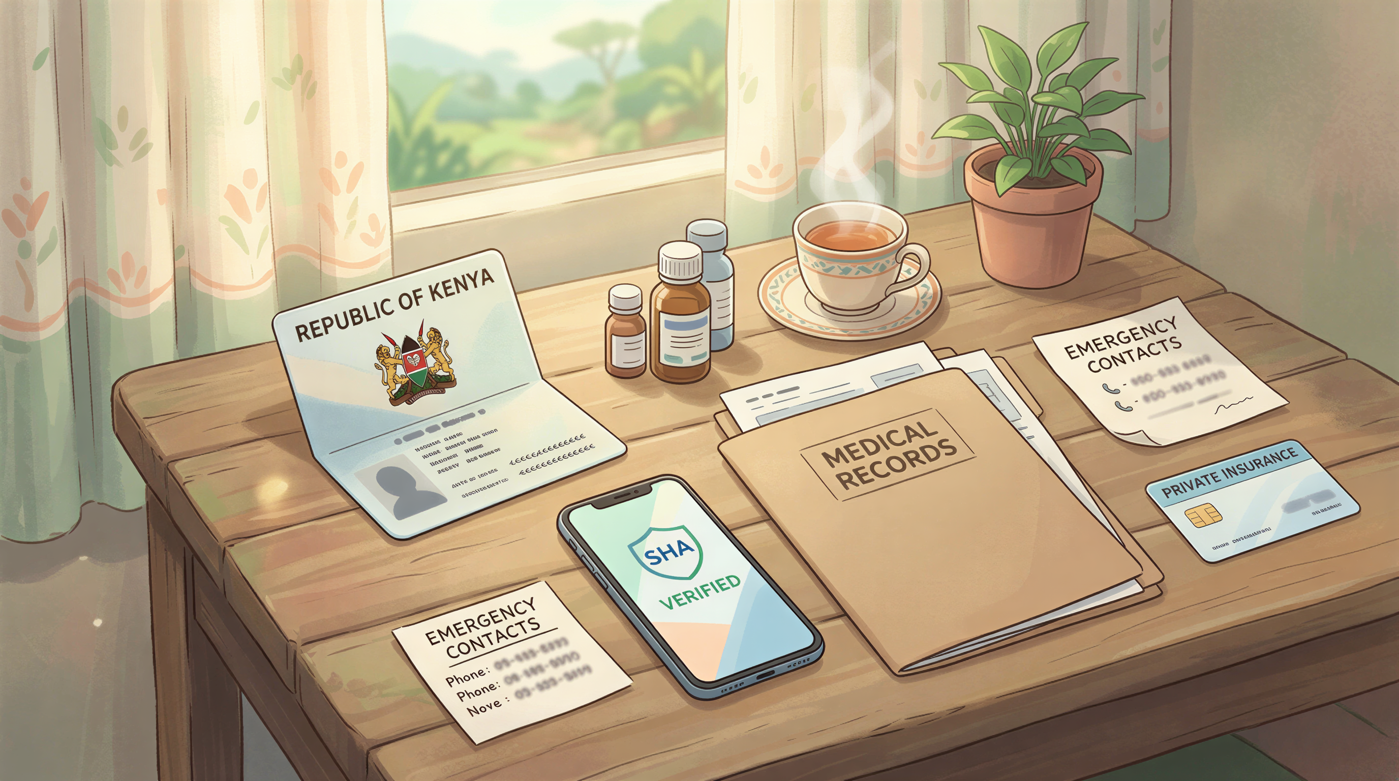 National ID phone and medical records prepared for an SHA hospital visit in Kenya