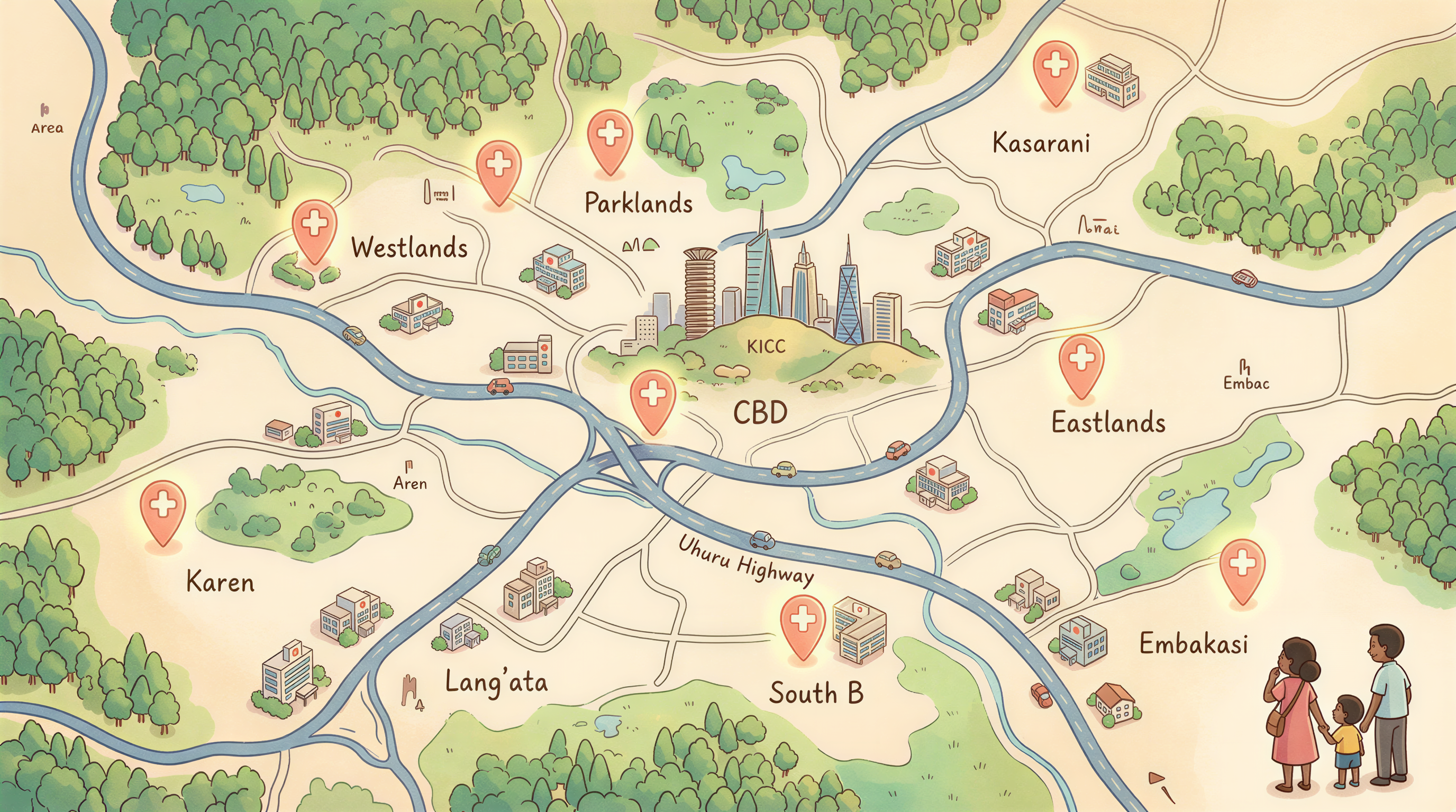 Illustrated Nairobi map showing SHA-accredited hospitals across CBD Westlands and Eastlands