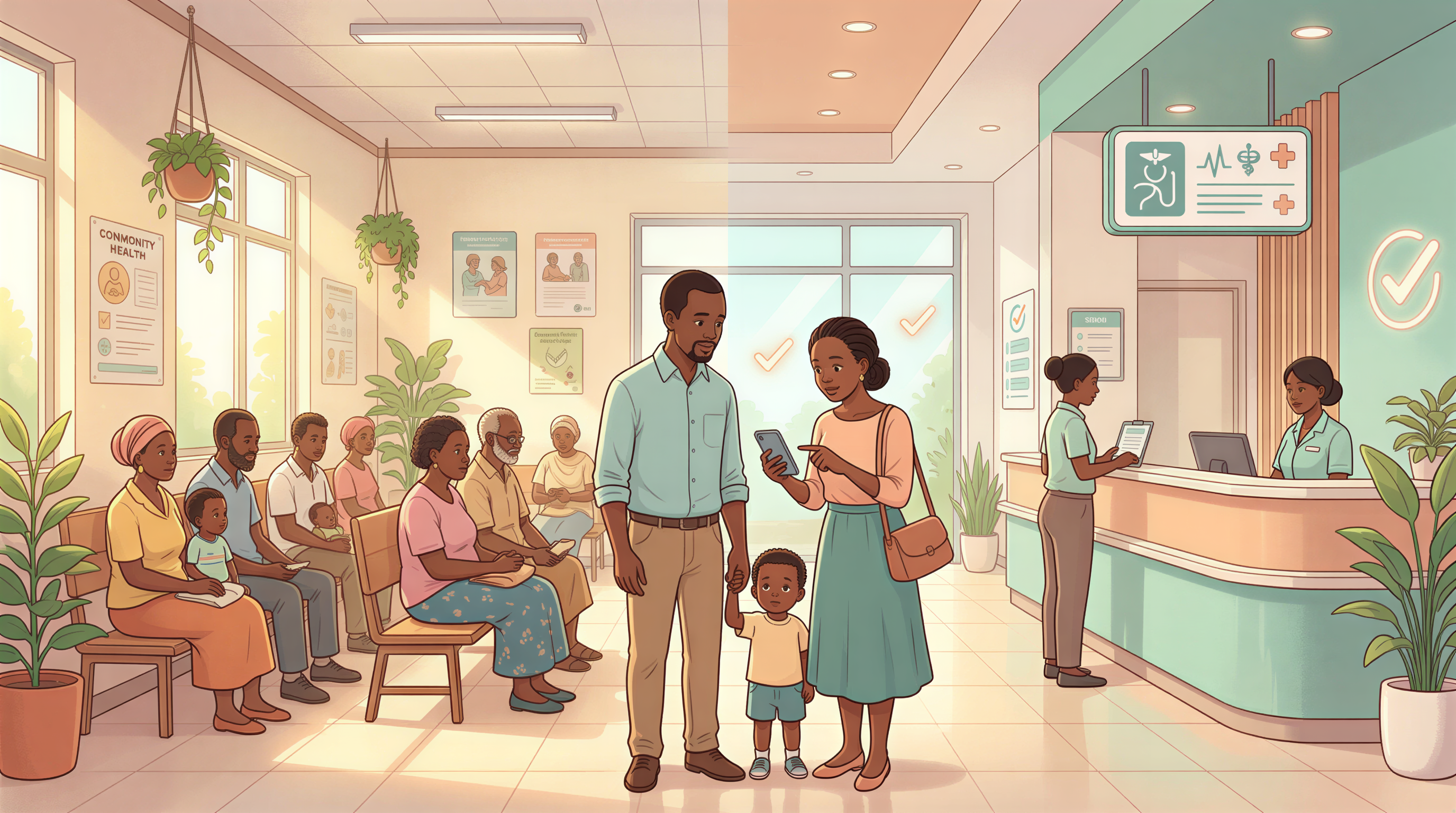 Public versus private SHA hospital options in Nairobi with family choosing the right care