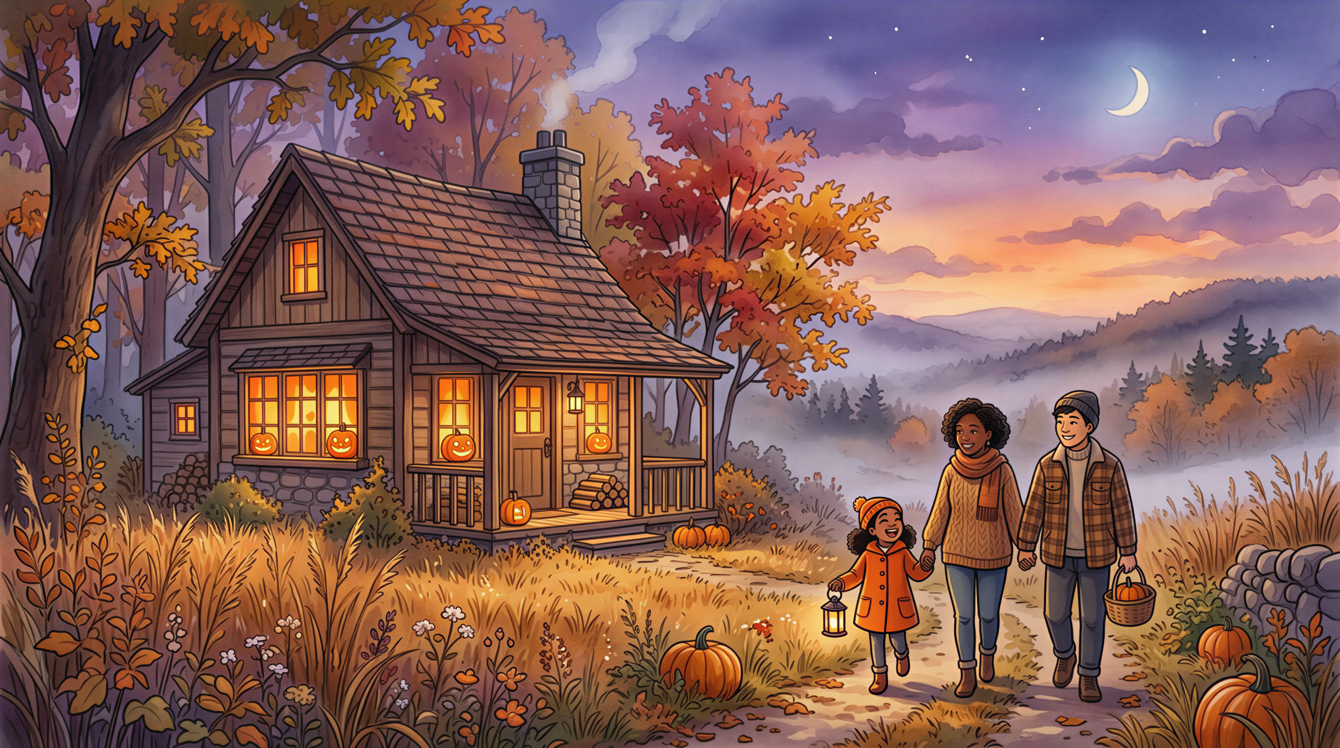 Cozy pumpkin cottage scene in Studio Ghibli style for Halloween banner, warm autumn mood
