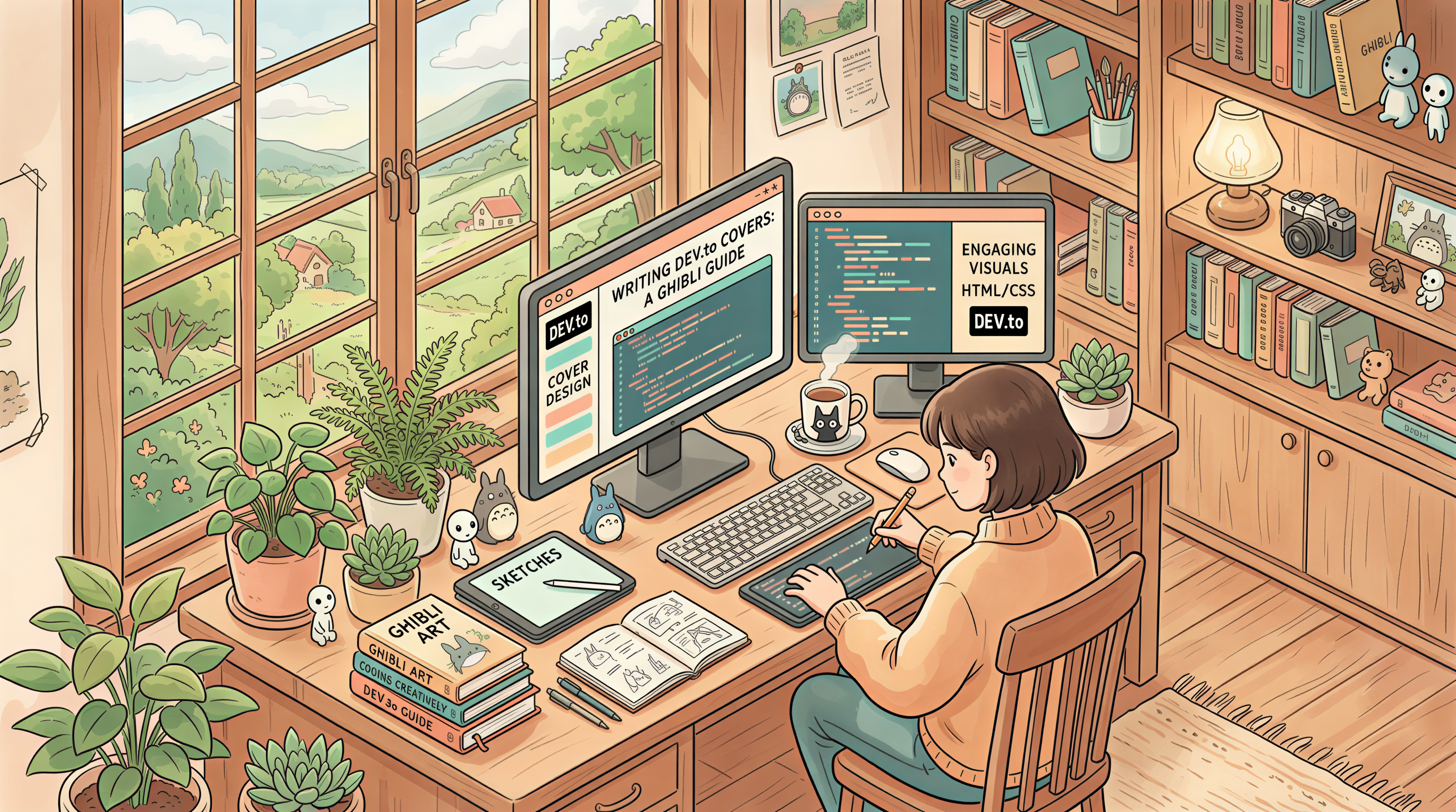 Isometric style illustration of code, screens, and devices for DEV.to covers