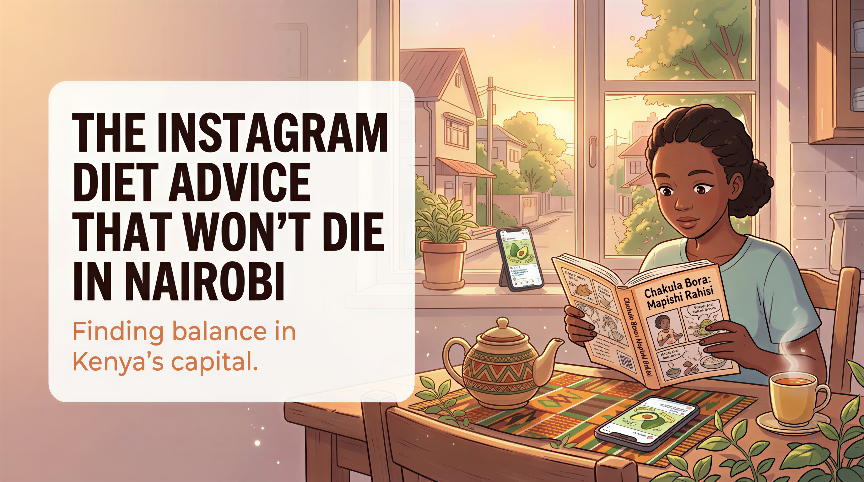 Studio Ghibli-inspired banner about Nairobi Instagram diet advice with warm pastel tones