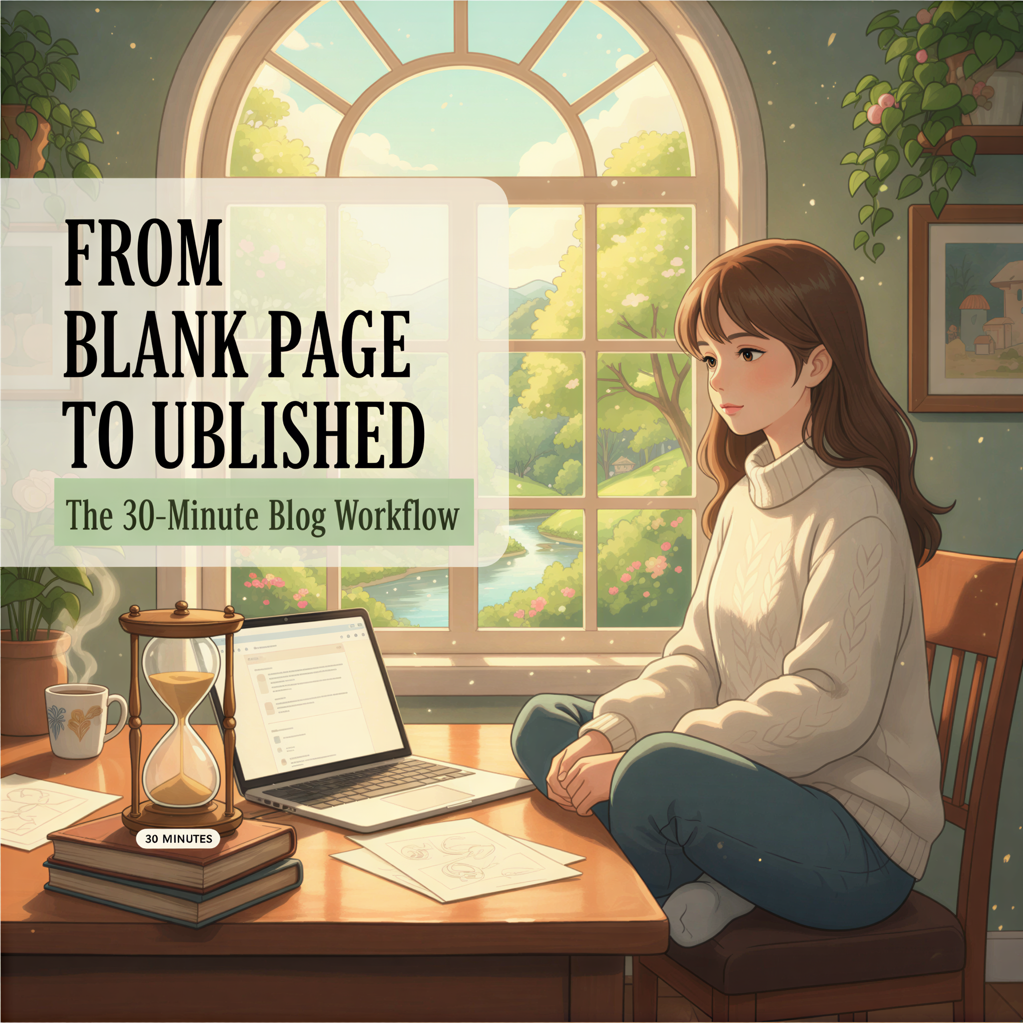 Studio Ghibli style illustration of a peaceful writer easily publishing a blog post with a timer set to 30 minutes, emphasizing speed and calm