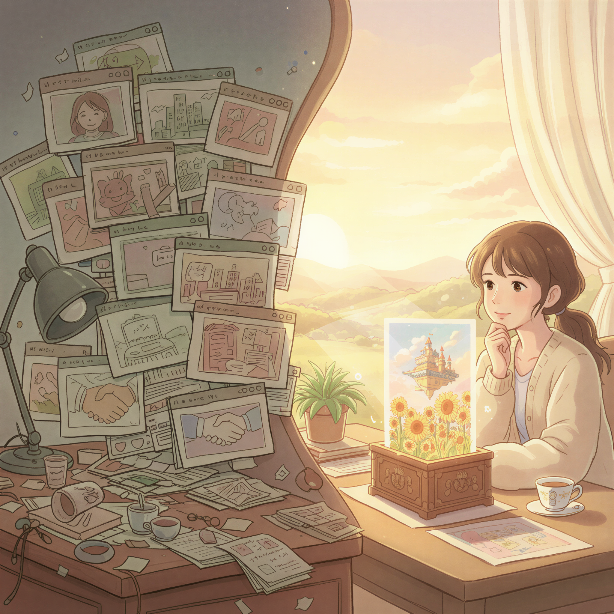Studio Ghibli scene depicting the contrast in image creation speed. On the left, a chaotic desktop covered in numerous overlapping, poorly drawn browser tabs displaying generic stock photos, rendered in dull, frustrating colors. On the right, a character admiring a single, perfectly rendered, unique image appearing magically from a small, glowing box or portal on their clean desk. Use warm pastels for the successful generation side.