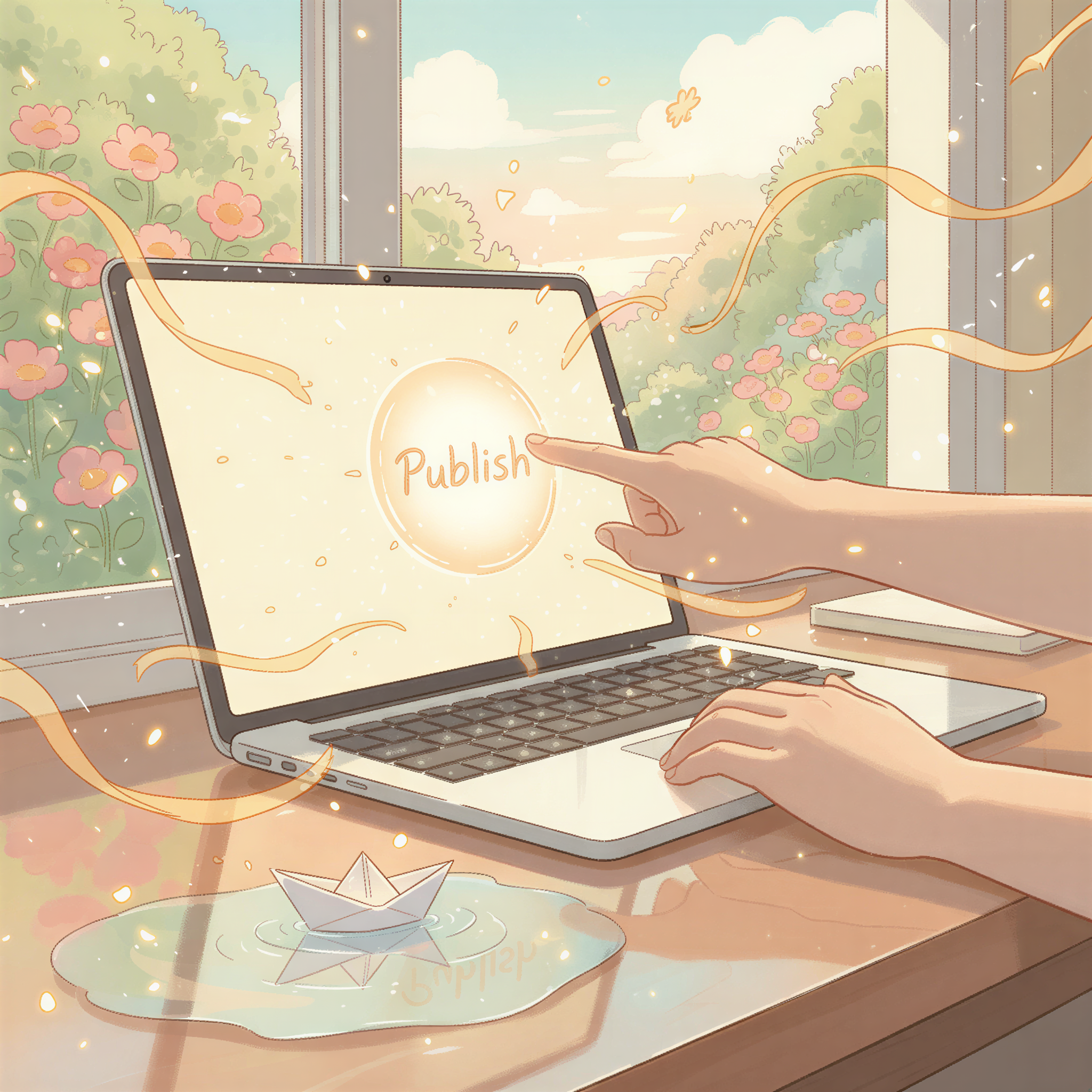 Studio Ghibli aesthetic image. A close-up of hands gently yet firmly pressing a large, softly glowing, inviting button labeled 'Publish' on a simple laptop screen. The surrounding area is filled with warm, celebratory light, suggesting relief and completion. The scene should feel light and final, like sending off a letter or launching a small paper boat. Warm, inviting pastel palette.