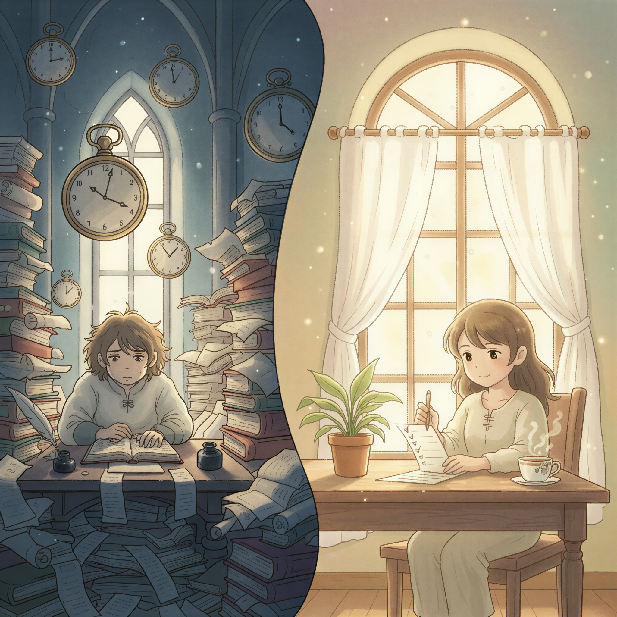 Ghibli-style split image: Left side shows a frantic character surrounded by overflowing papers and multiple clocks (perfectionism). Right side shows a calm character checking off a simple list.