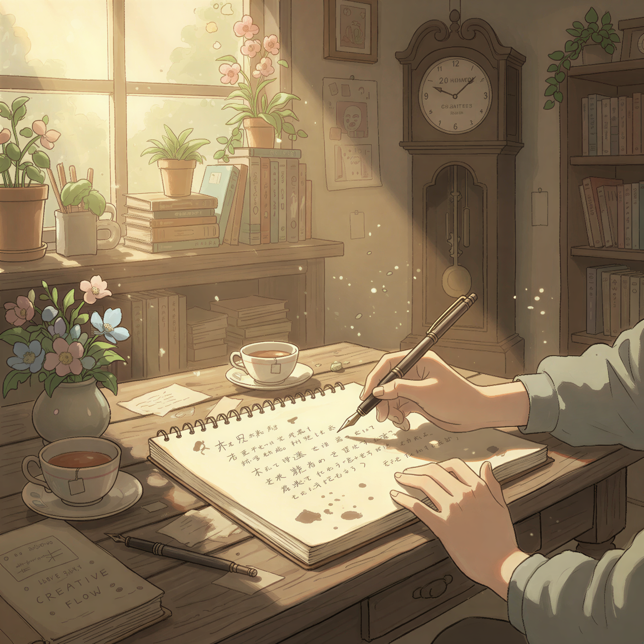 Studio Ghibli character intensely but calmly writing in a notebook while a soft, focused beam of light highlights only their work area, symbolizing 20 minutes of focused drafting.