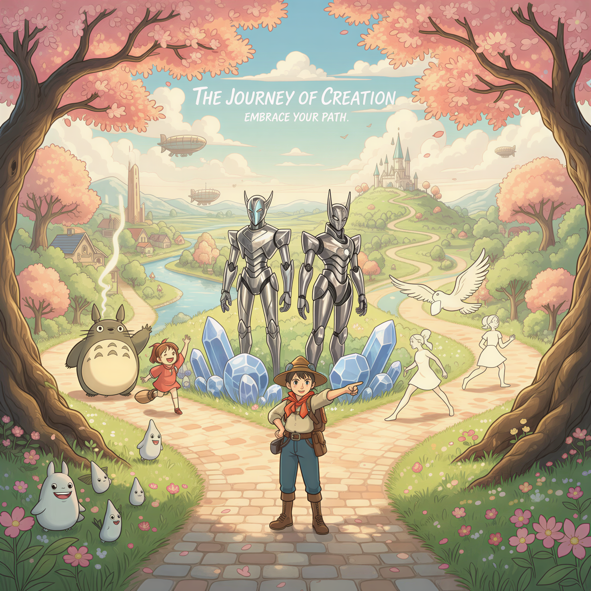 Studio Ghibli aesthetic illustration depicting three distinct visual paths on a winding, sunlit road. One path shows warm, inviting Ghibli characters, another shows sharp, polished figures, and the third shows minimalist line drawings. A single character stands at the fork, pointing decisively down one path. Warm pastel palette, soft lighting, focusing on choice and commitment.