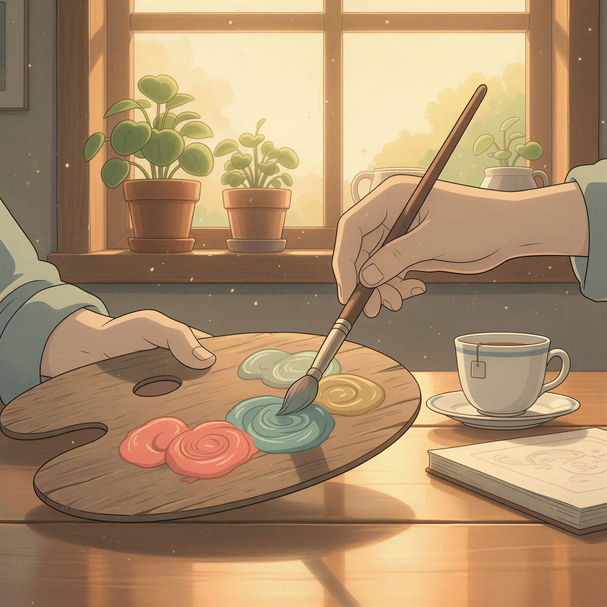 Studio Ghibli aesthetic scene. A close-up of hands mixing 3 primary pastel colors (e.g., muted coral, soft teal, dusty gold) on a wooden palette. The surrounding environment subtly reflects these colors—a warm wooden table, soft ambient light. The mood is one of careful, harmonious creation. Very warm, inviting lighting.