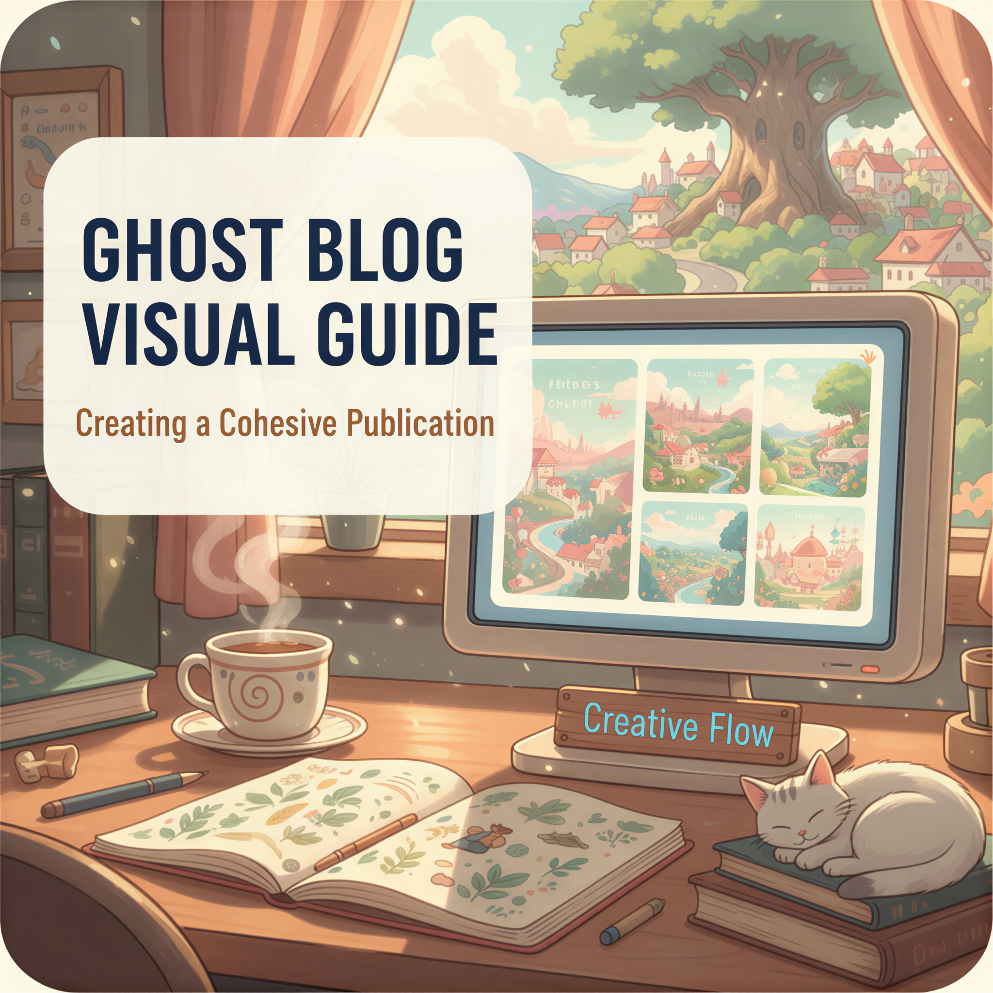 Studio Ghibli style illustration of a writer's desk with vibrant, warm light, showcasing organized papers and a computer screen displaying unique, cohesive blog visuals, overlayed with the title: Ghost Blog Visual Guide: Creating a Cohesive Publication
