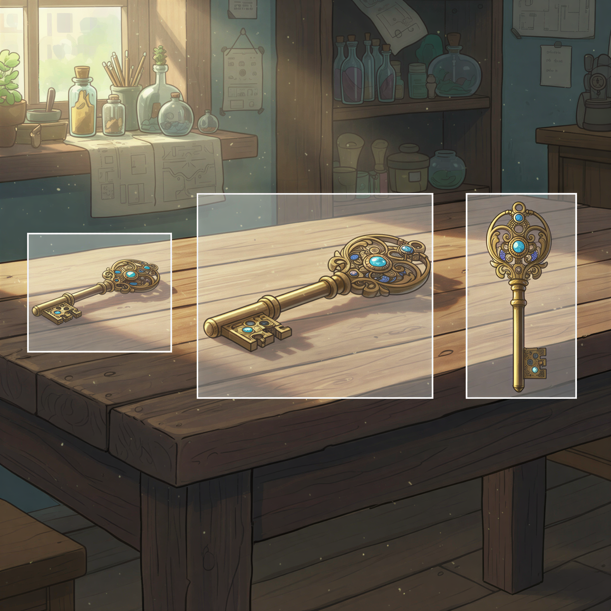Studio Ghibli aesthetic, slightly technical but warm illustration. Show a central object, like a unique, ornate key sitting on a wooden table. Overlay three semi-transparent rectangles representing different crops (wide, square, vertical) showing how the key is cut off differently in each, but the central part remains visible in all. Soft overhead lighting, pale blues and tans.